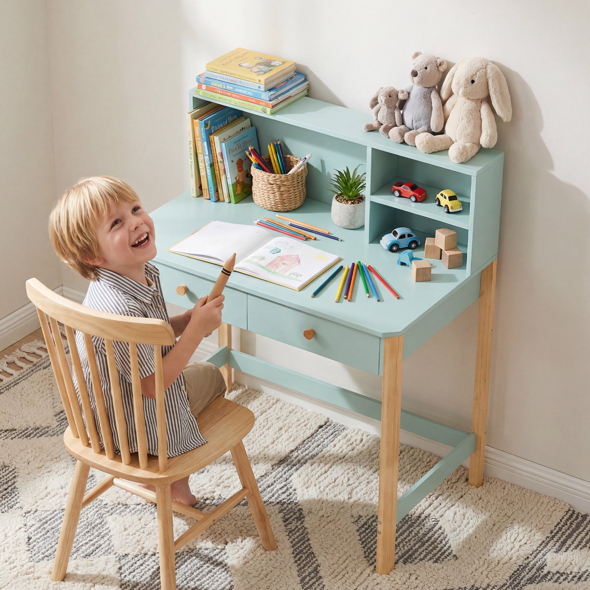 Kids Desk with 3 Open Compartments & 2 Drawers, Pine Legs, for Study/Entry/Bedroom, Ages 5–12 — 35.4×20.5×41.3 in (Green)