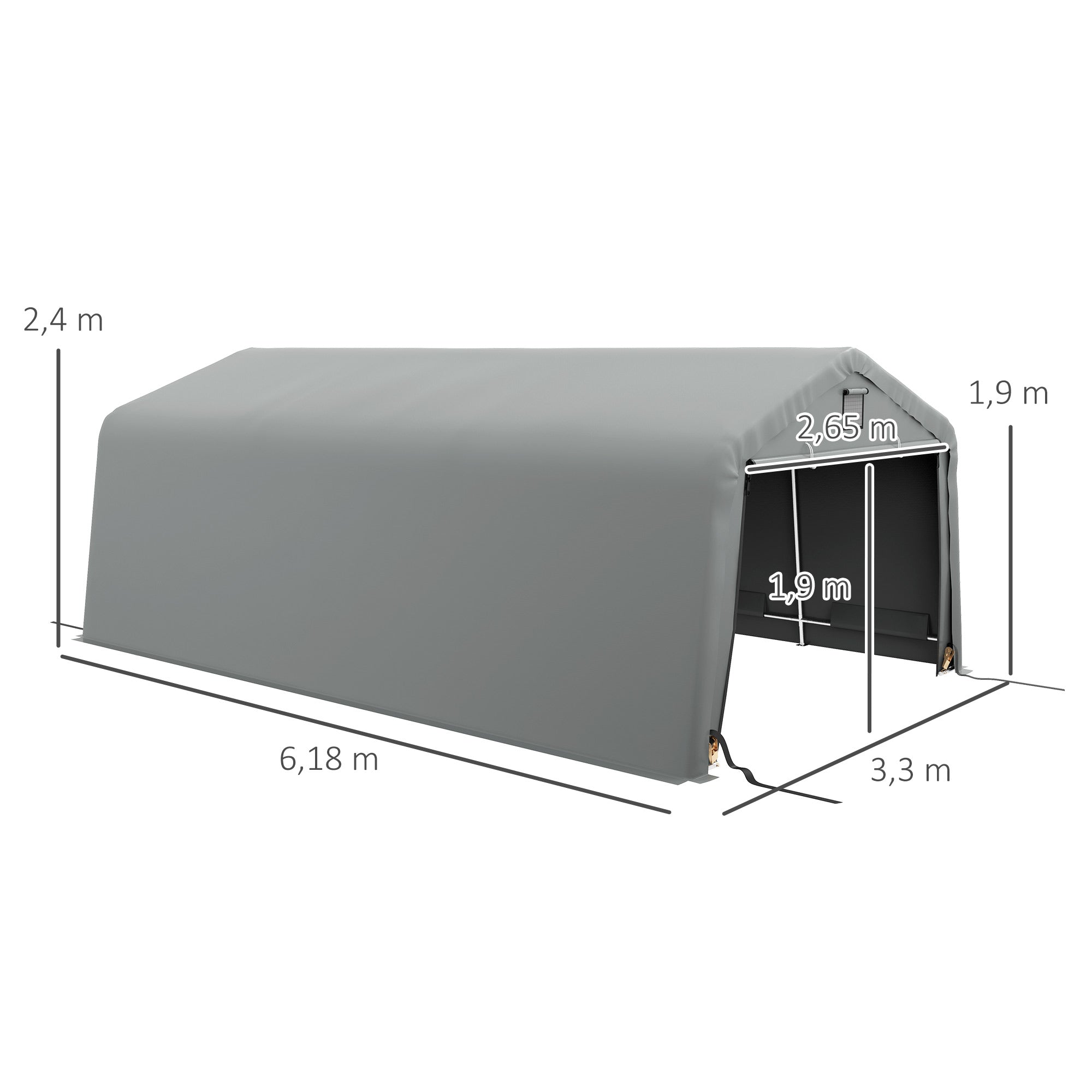 Garage Carport Tent 6.2L x 3.3W x 2.4H m Sturdy Galvanized Steel High-Density PE 150 g/m² Waterproof Anti-UV, Light Gray 1 Door and 2 Vents