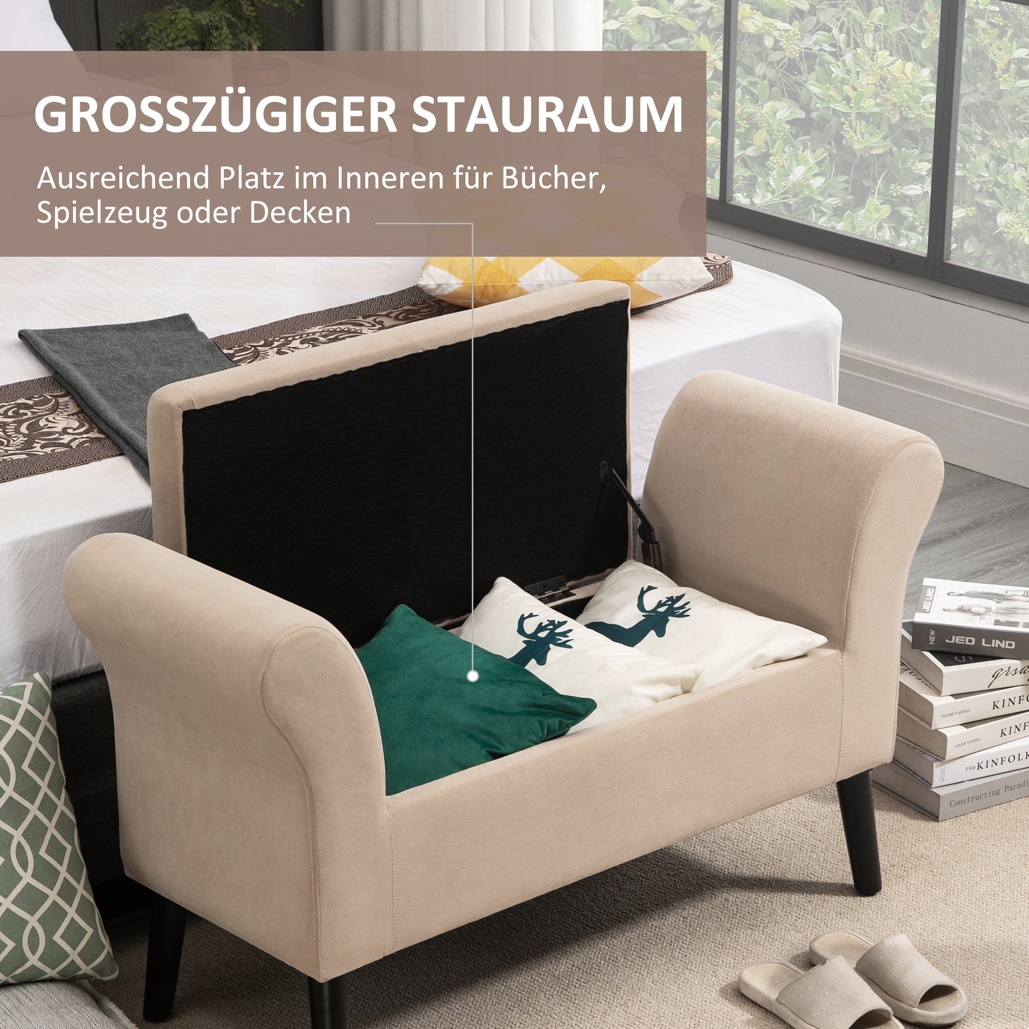 Upholstered Bench with Storage Bed Bench with Armrest for Hallway Bedroom Velvet Polyester 111.5 x 41 x 65 cm Beige