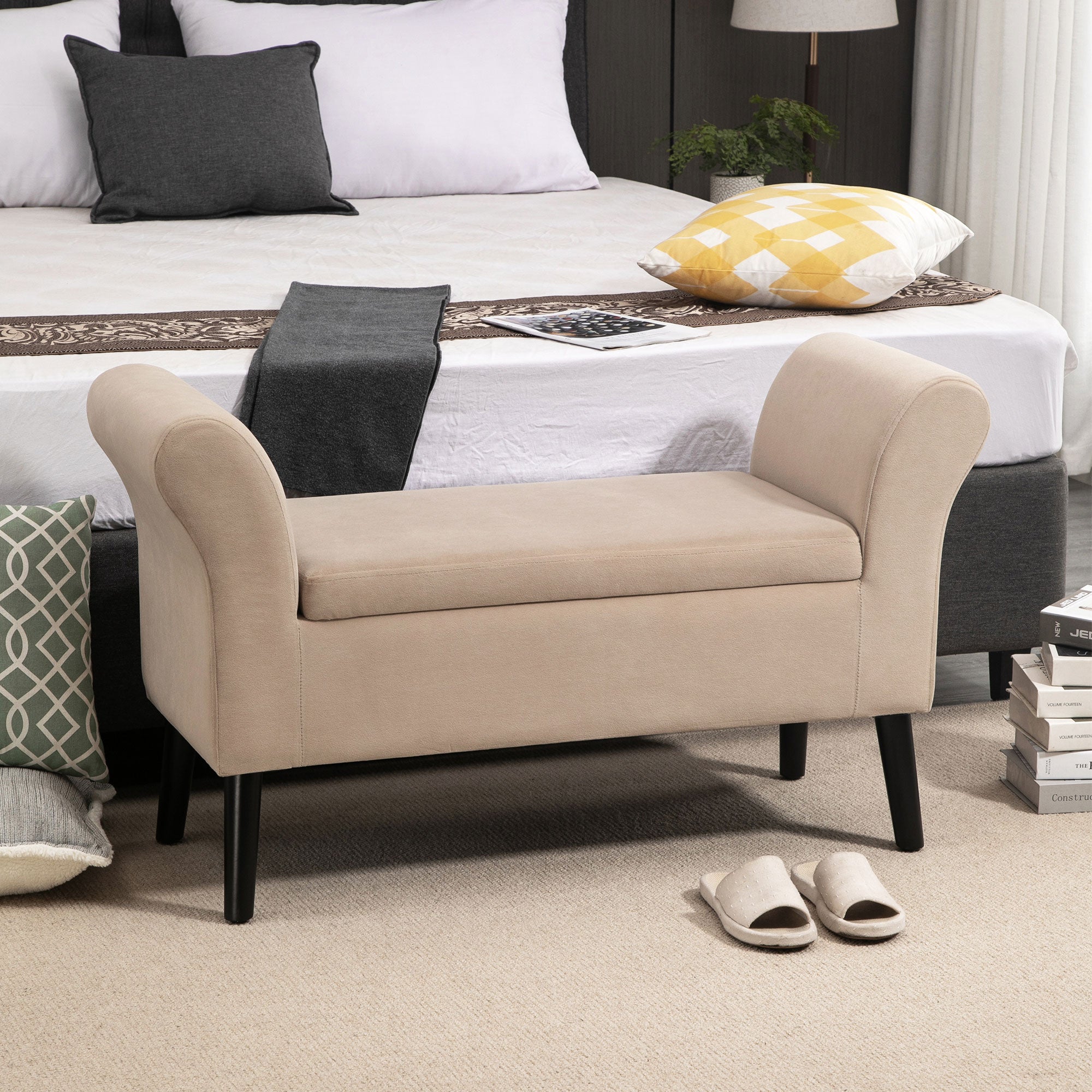 Upholstered Bench with Storage Bed Bench with Armrest for Hallway Bedroom Velvet Polyester 111.5 x 41 x 65 cm Beige