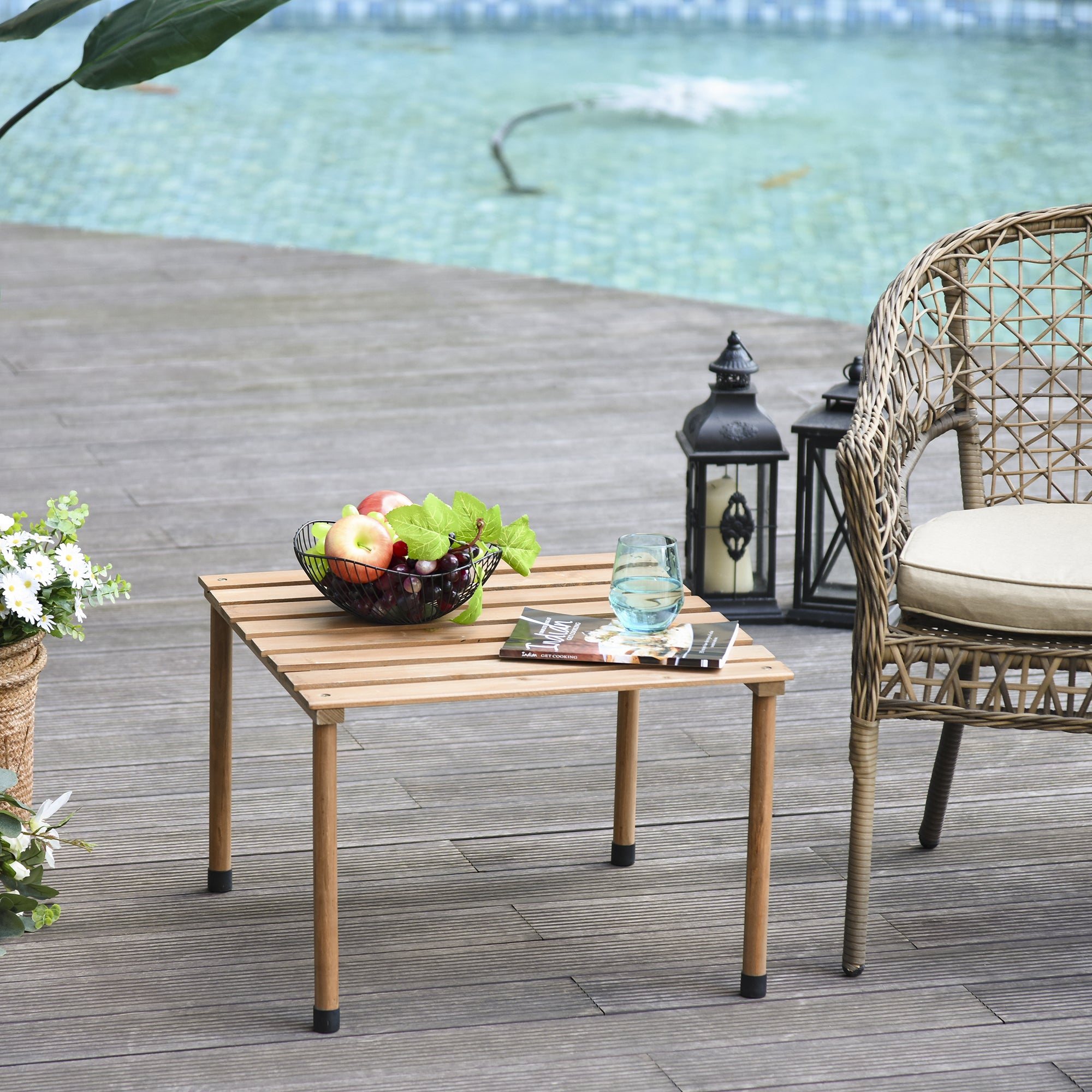 Foldable Garden Coffee Table Camping Table Slatted Plate 23"L x 23"W x 16"H Transport Bag Included Pre-Oiled Pine Wood Quick Assembly