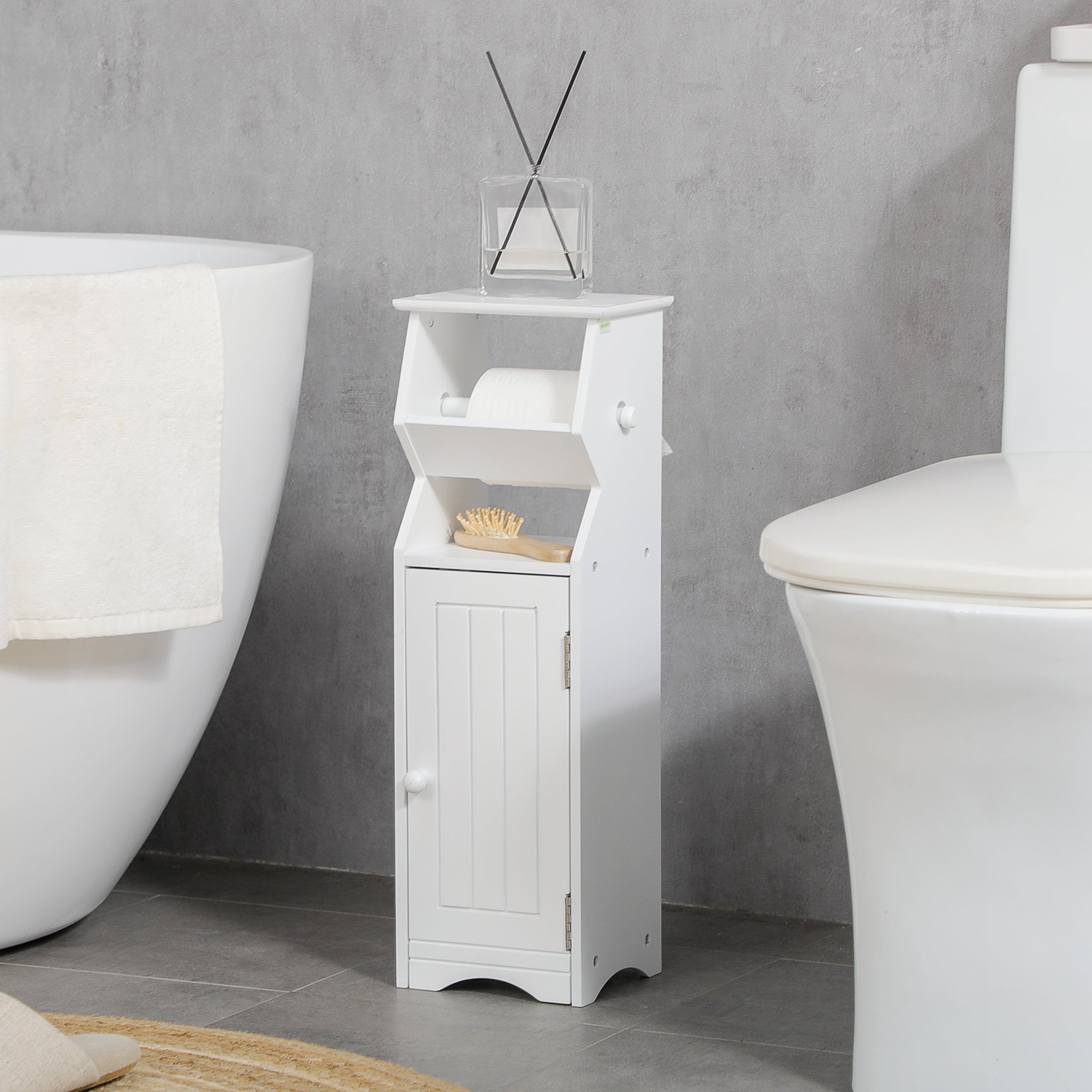 Space-Saving White MDF Bathroom Cabinet with Toilet Paper Area and Cabinet, 19x15x56 cm