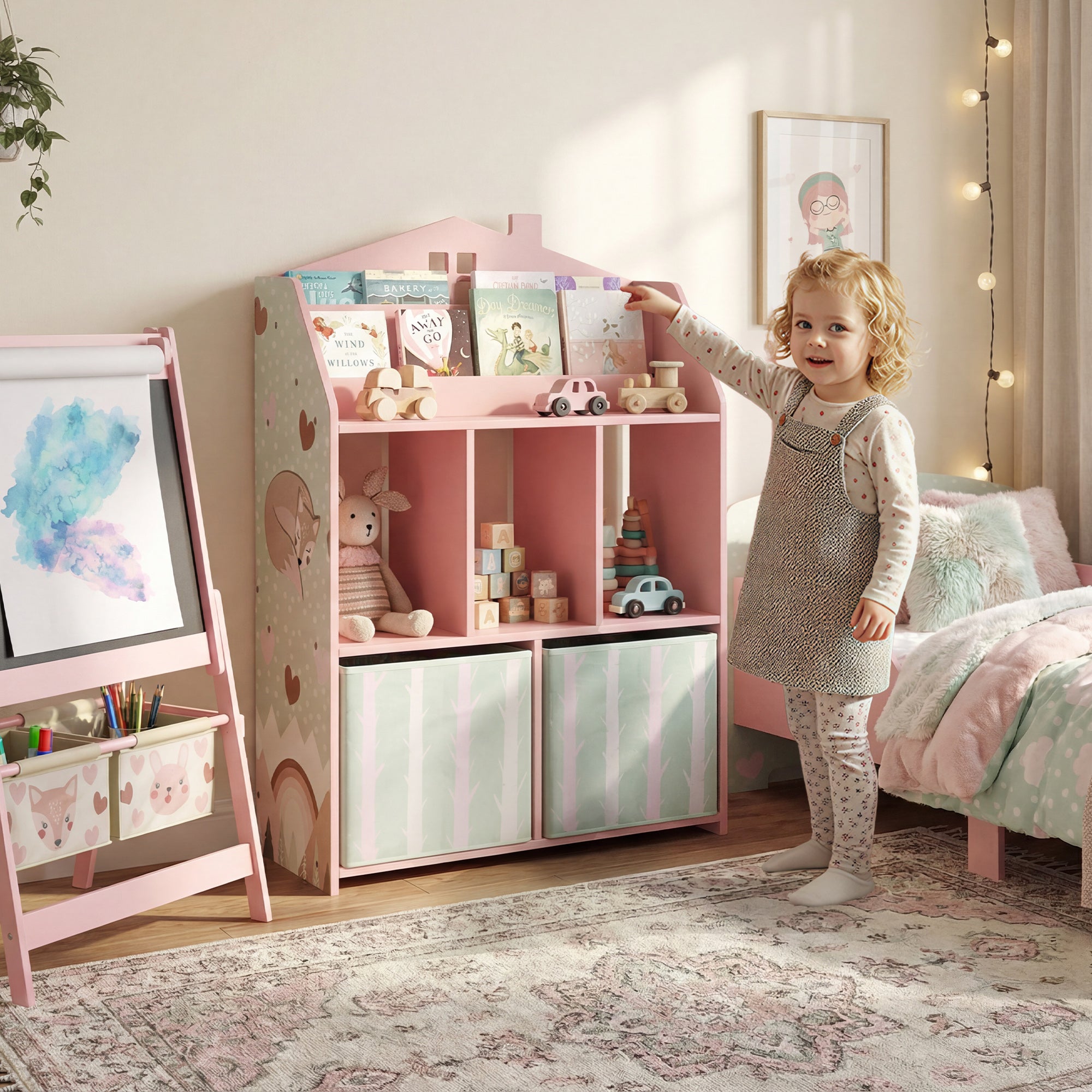 Kids Toy Shelf with Fabric Drawers, Open Shelves & Fox Design — Toy Organizer for Bedroom, Playroom, Nursery, Pink