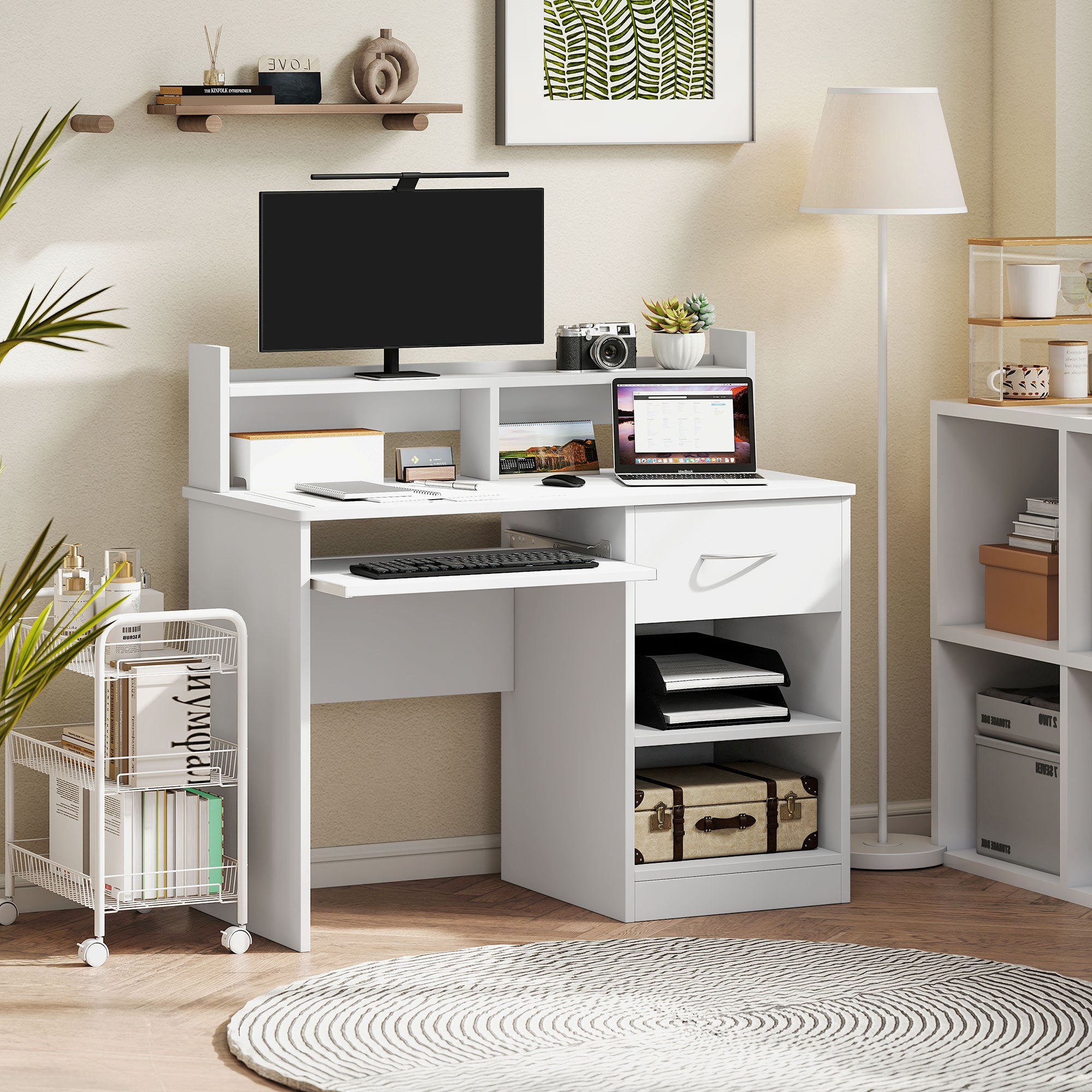 Compact Computer Desk, White Wooden Desktop PC Desk with Pull-Out Keyboard Tray and Shelves 104x48x95.5cm