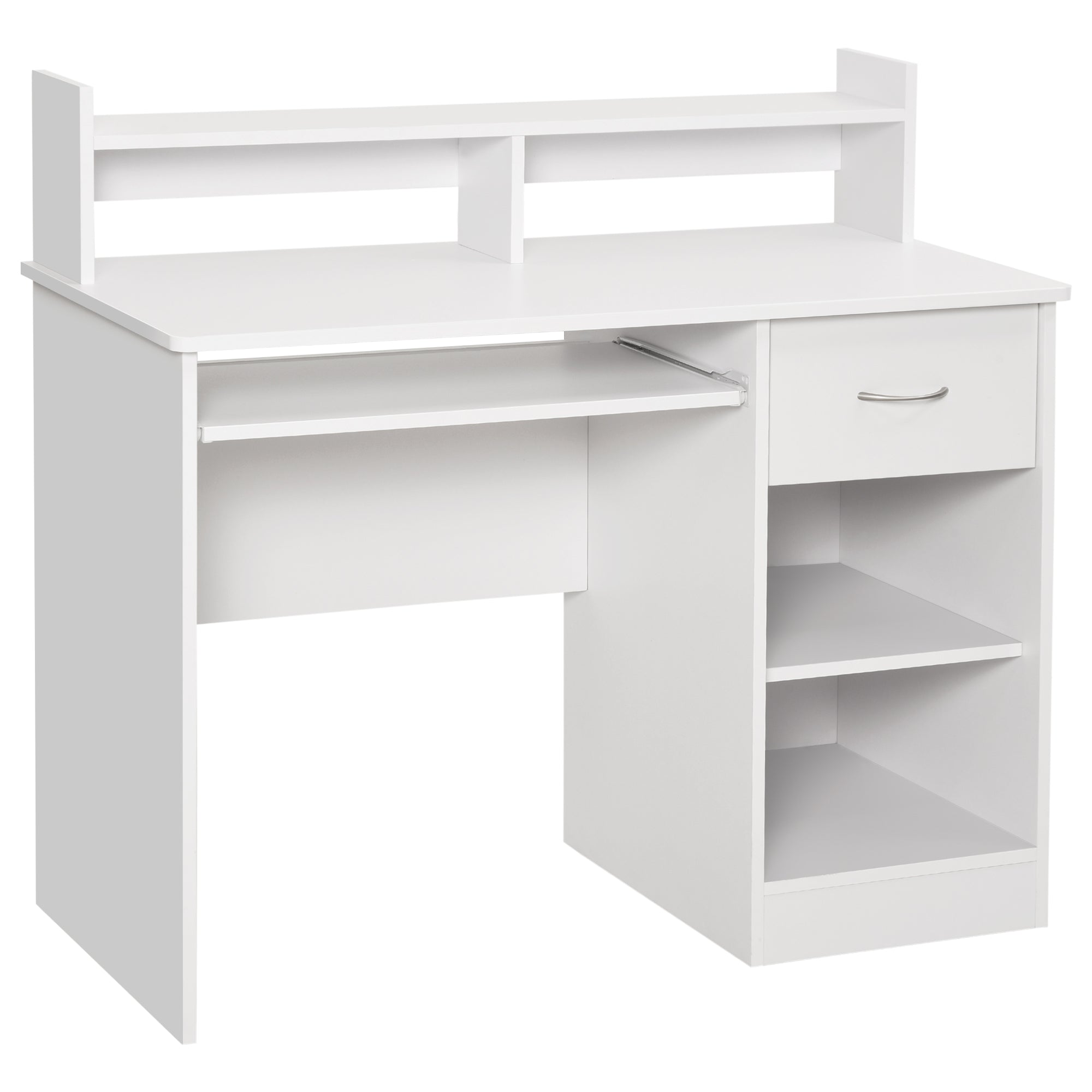Compact Computer Desk, White Wooden Desktop PC Desk with Pull-Out Keyboard Tray and Shelves 104x48x95.5cm