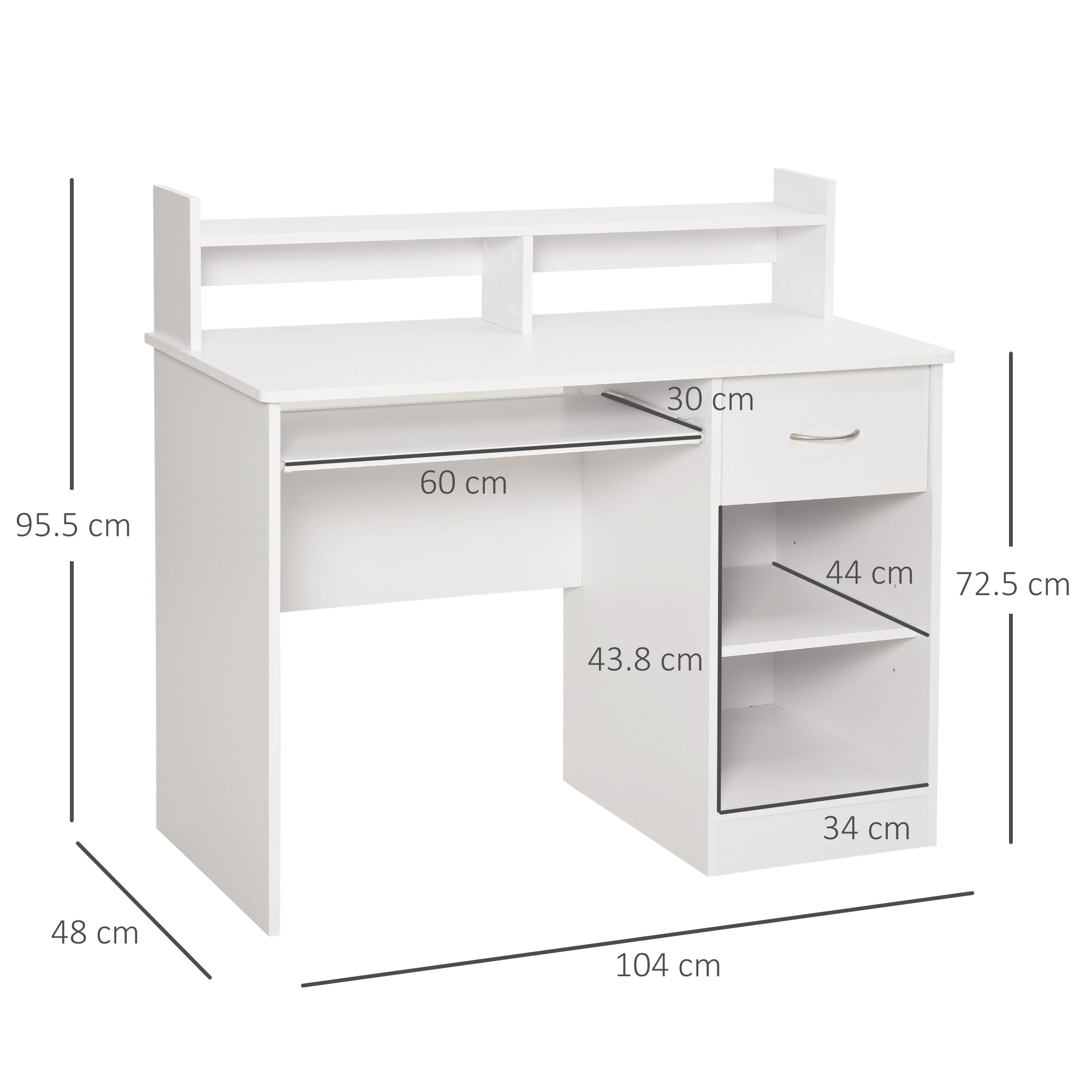 Compact Computer Desk, White Wooden Desktop PC Desk with Pull-Out Keyboard Tray and Shelves 104x48x95.5cm
