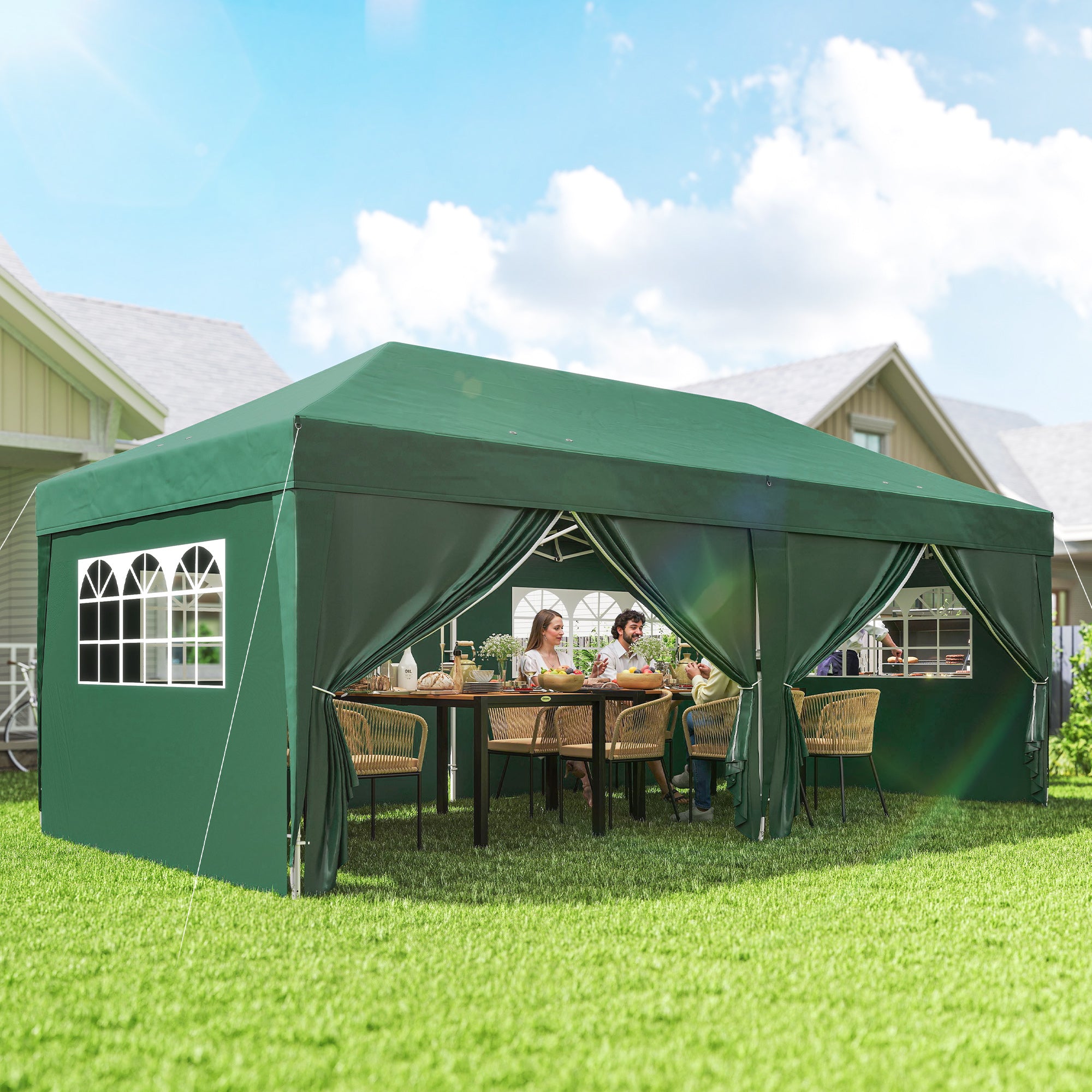 Pavilion approx. 19'4" x 9'8" Pop-Up Folding Gazebo with Windowed Zip Door & Removable Sides, UV Protection, Dark Green