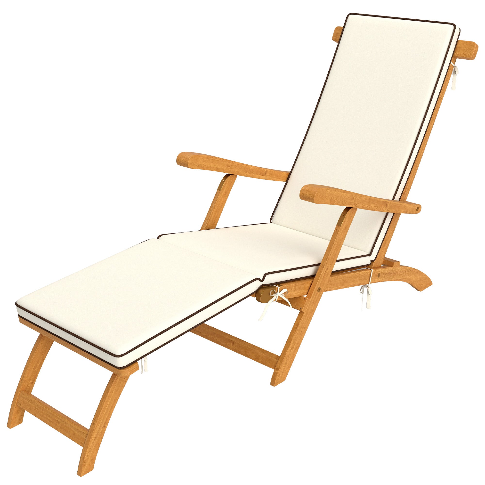 Folding Sun Lounger, Sunbathing Bed with Acacia Wood Cushion, Adjustable Footrest, Outdoor Garden Sunbath Lounger, 160kg Load Capacity for Beach Relax Camping Pool Terrace, 155 x 54 x 86 cm, White
