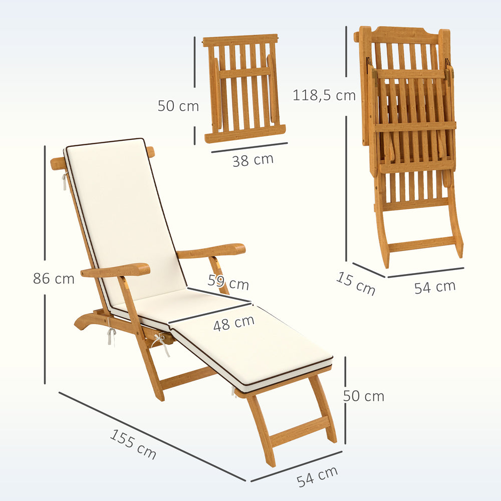 Outsunny Sammenklappelig Solseng, Solbade Seng med Akacietræ Pude, Justerbar Fodstøtte, Udendørs Have Solseng, 160 kg Belastning Kapacitet til Strandafslapning Camping Pool Terrasse, 155 x 54 x 86 cm, Hvid