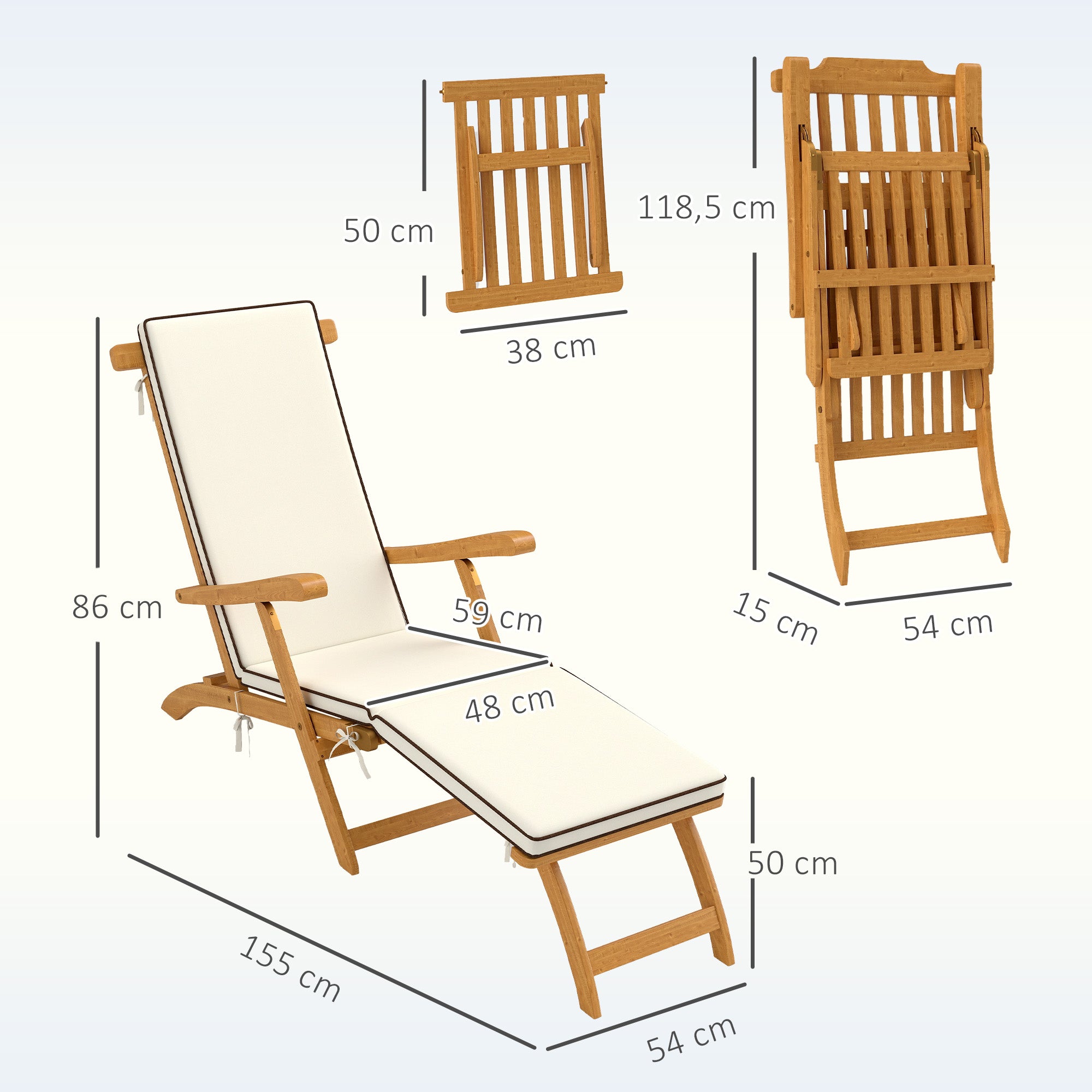 Folding Sun Lounger, Sunbathing Bed with Acacia Wood Cushion, Adjustable Footrest, Outdoor Garden Sunbath Lounger, 160kg Load Capacity for Beach Relax Camping Pool Terrace, 155 x 54 x 86 cm, White