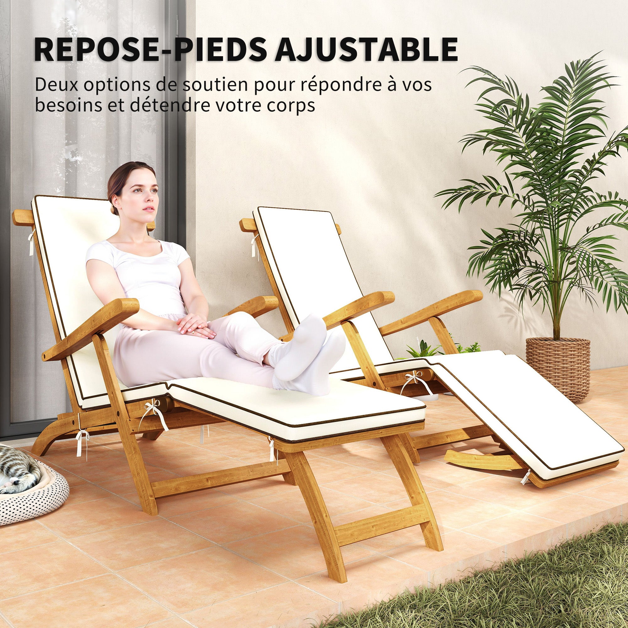 Folding Sun Lounger, Sunbathing Bed with Acacia Wood Cushion, Adjustable Footrest, Outdoor Garden Sunbath Lounger, 160kg Load Capacity for Beach Relax Camping Pool Terrace, 155 x 54 x 86 cm, White