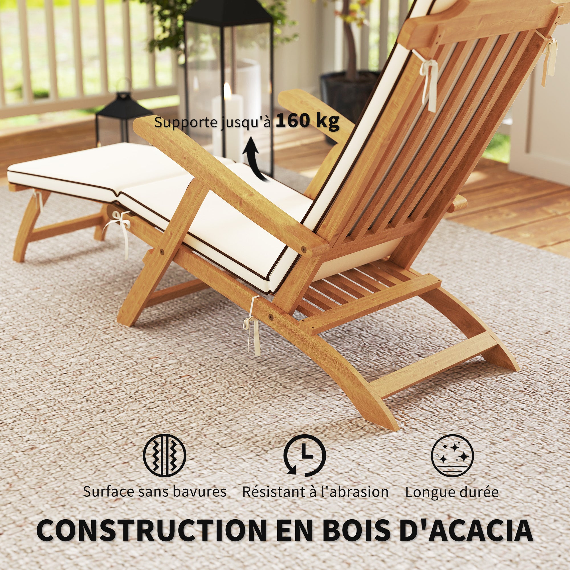 Folding Sun Lounger, Sunbathing Bed with Acacia Wood Cushion, Adjustable Footrest, Outdoor Garden Sunbath Lounger, 160kg Load Capacity for Beach Relax Camping Pool Terrace, 155 x 54 x 86 cm, White