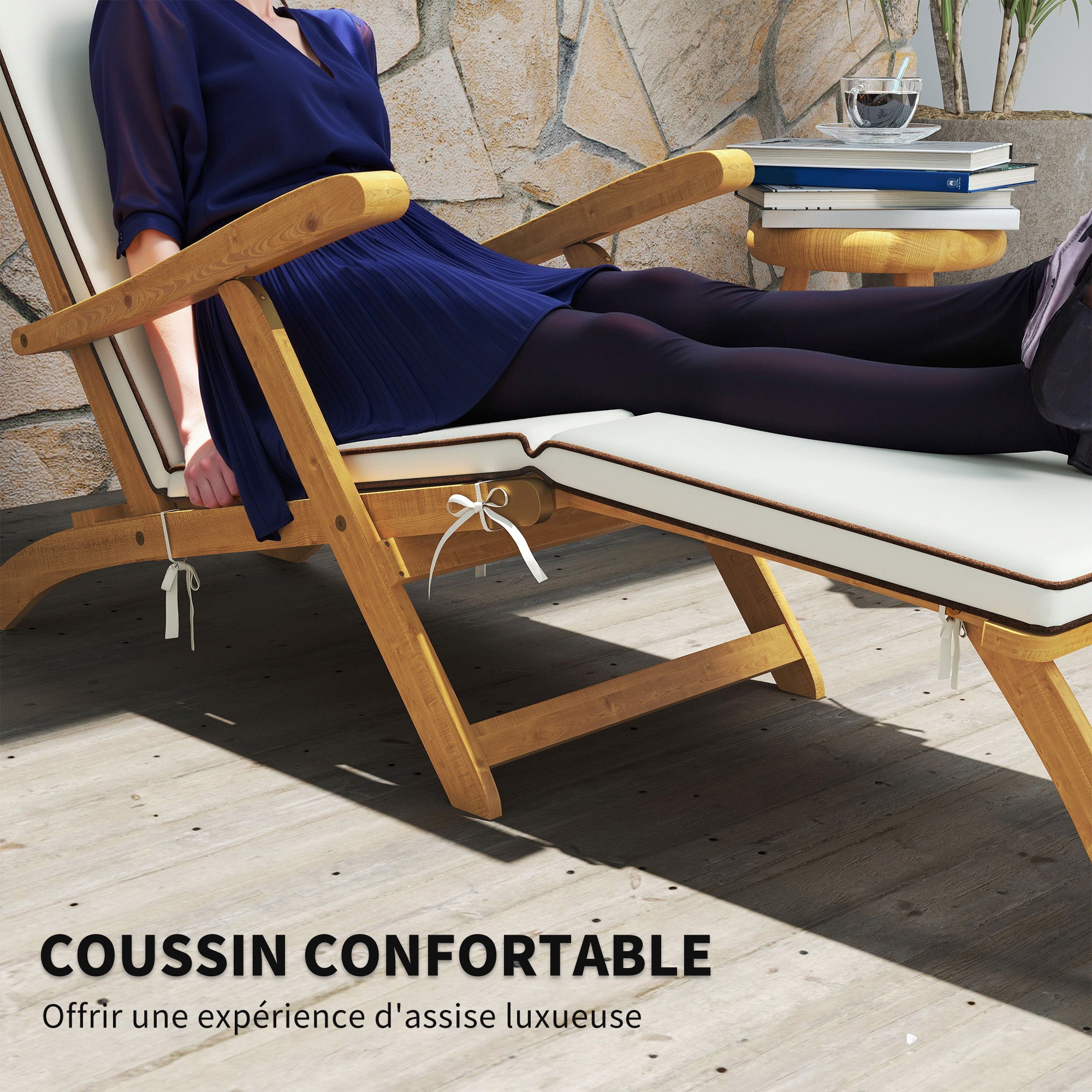 Folding Sun Lounger, Sunbathing Bed with Acacia Wood Cushion, Adjustable Footrest, Outdoor Garden Sunbath Lounger, 160kg Load Capacity for Beach Relax Camping Pool Terrace, 155 x 54 x 86 cm, White