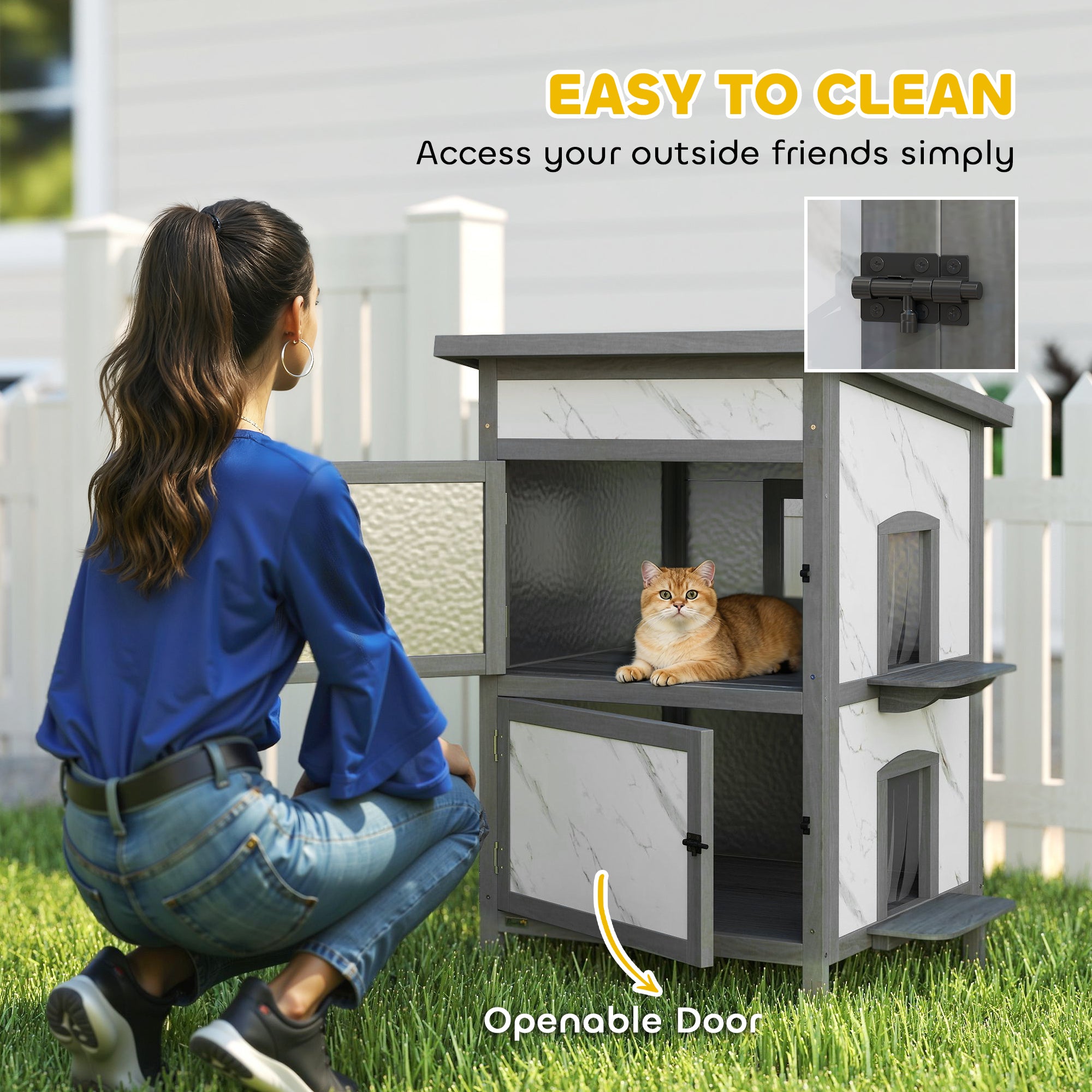 2-Story Insulated Outdoor Wooden Cat House with Window, Multiple Doors, Water-Resistant Roof, Cat Den Box for Outdoors — 24 x 24 x 34.6 in (60 x 60 x 88 cm), White