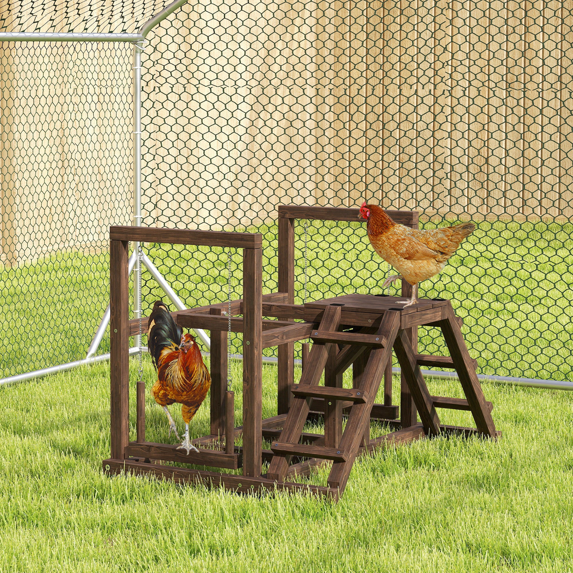 Wooden Chicken Activity Shelf, Chicken Playground with Chicken Perches, Swing, Ladder, Platforms Chicken Climbing Frame for 3 Chickens Brown
