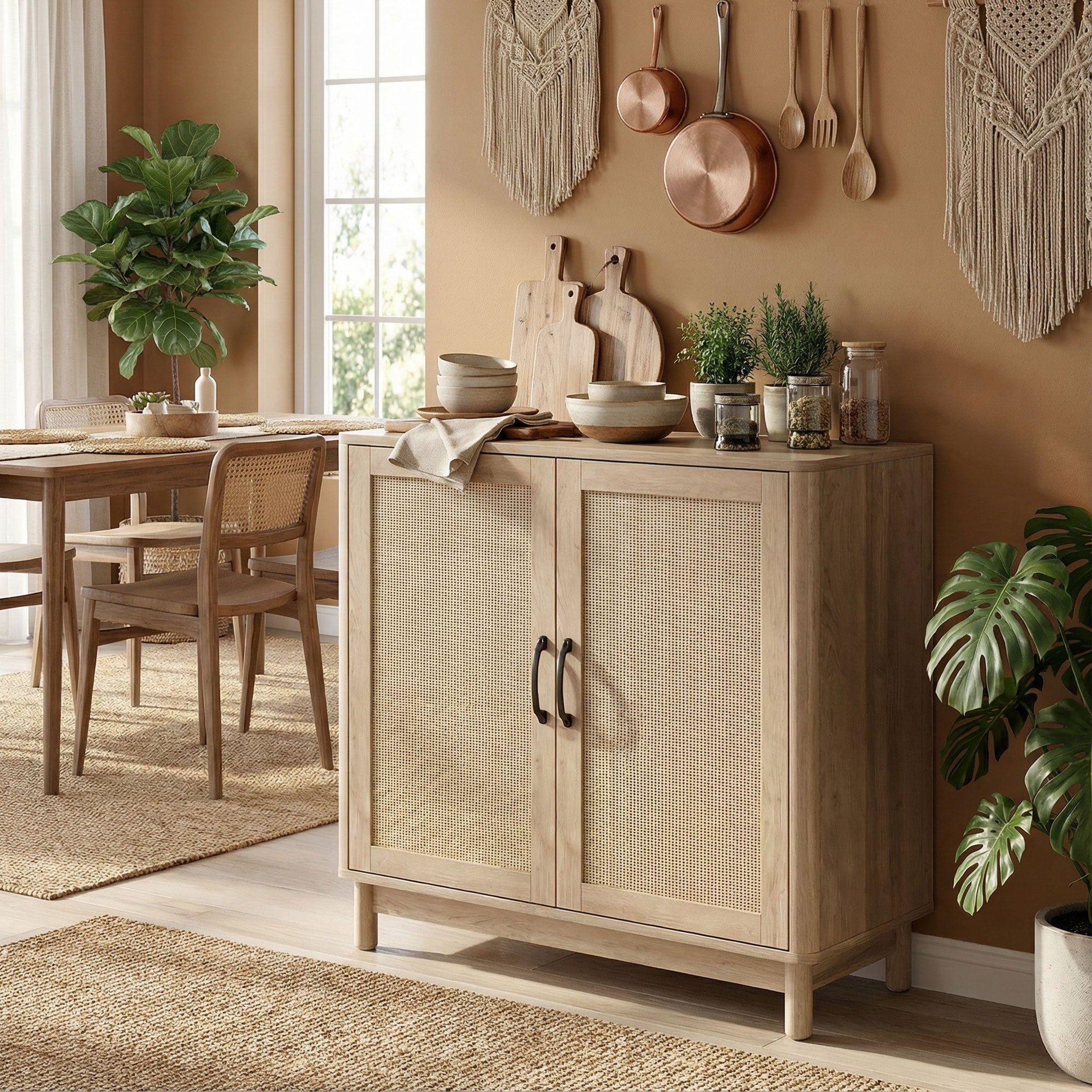 Boho Sideboard with Rattan Doors, Adjustable Shelf & Rounded Edges — Oak Finish, 30 x 13.8 x 29.7 in
