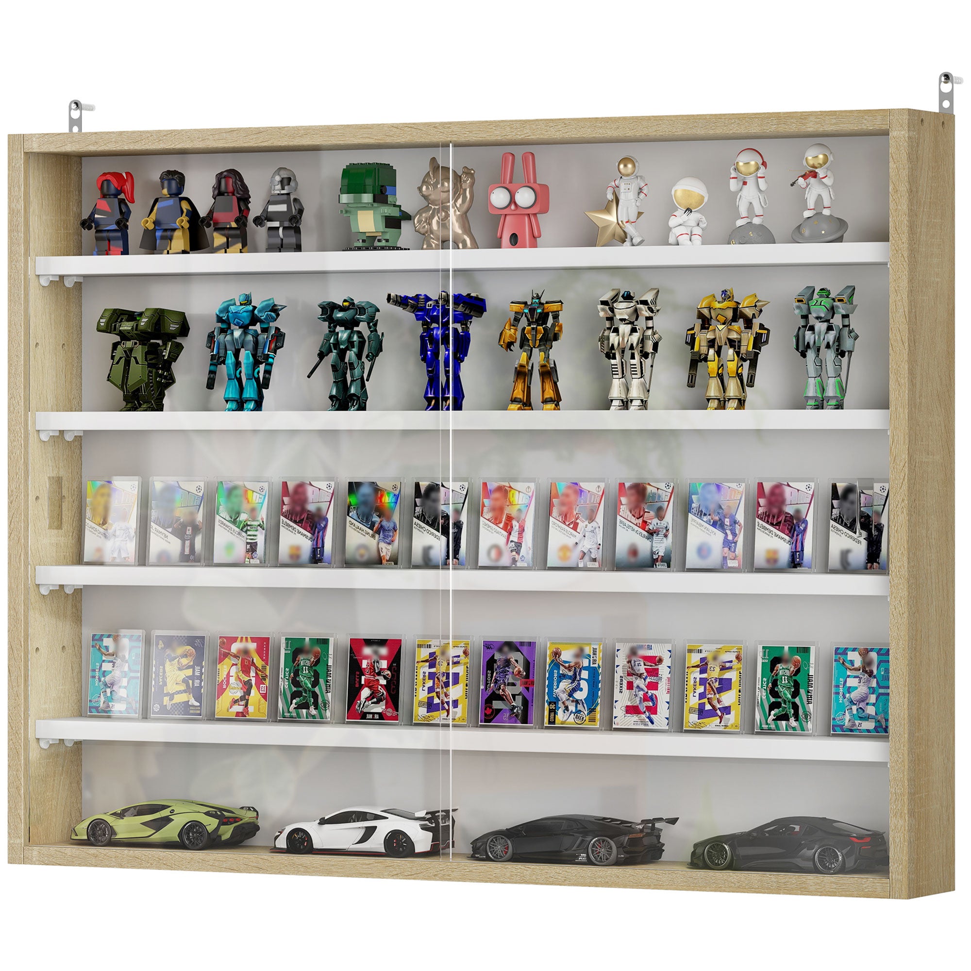 Display Case Wall Mounted Display Cabinet with Adjustable Shelves and 2 Sliding Glass Doors for Collectibles Perfumes Decorative Figures 80x9.5x60 cm White and Natural