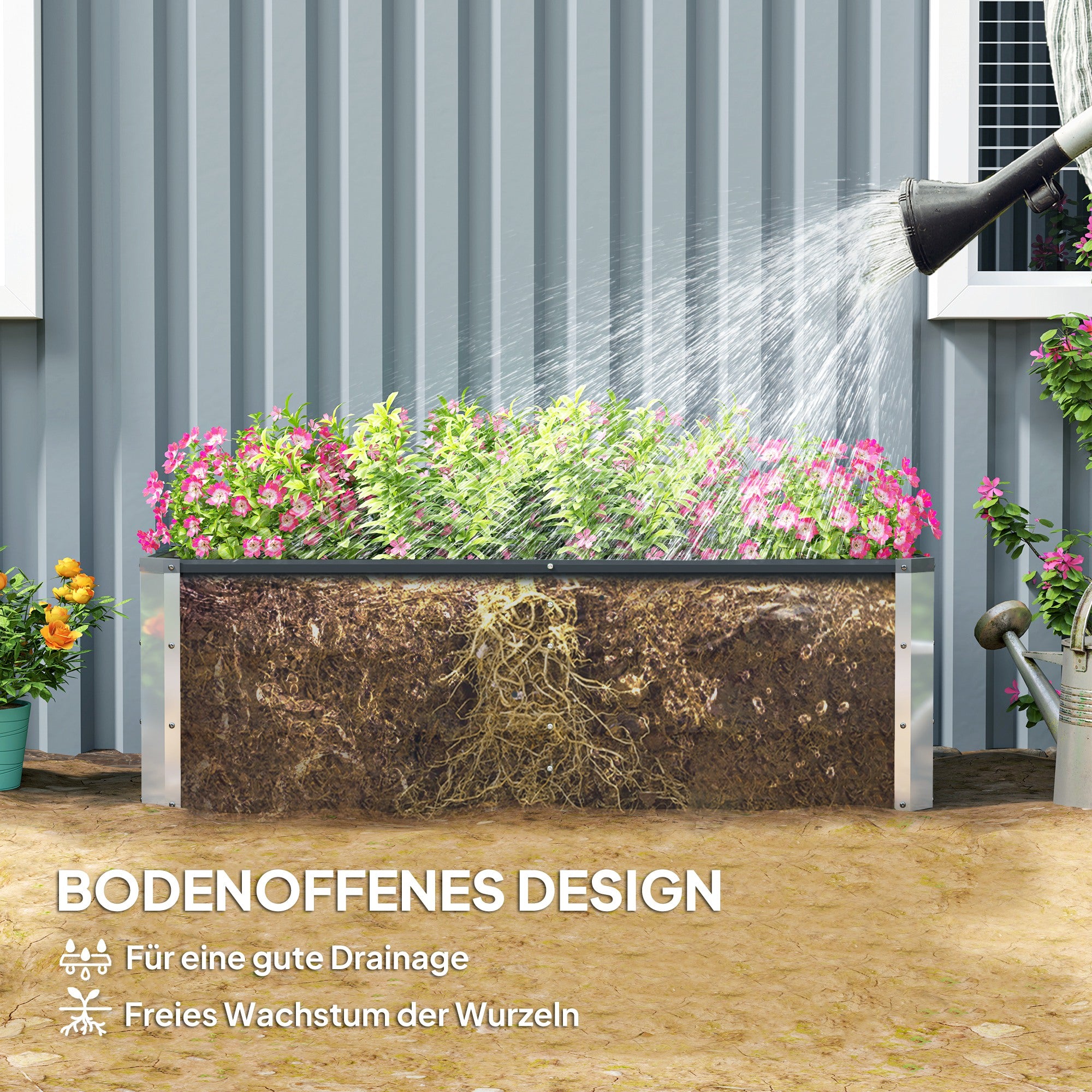 Steel Raised Garden Bed Planting Box Planter Flower Pot with Gloves Charcoal Gray 125 x 47 x 40 cm