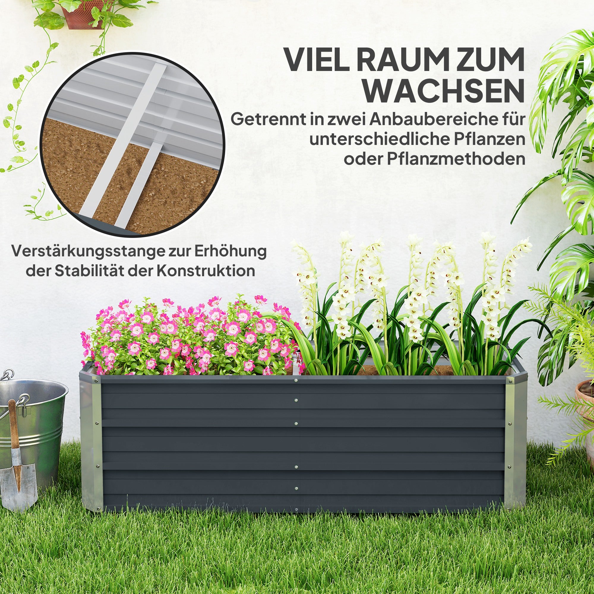 Steel Raised Garden Bed Planting Box Planter Flower Pot with Gloves Charcoal Gray 125 x 47 x 40 cm