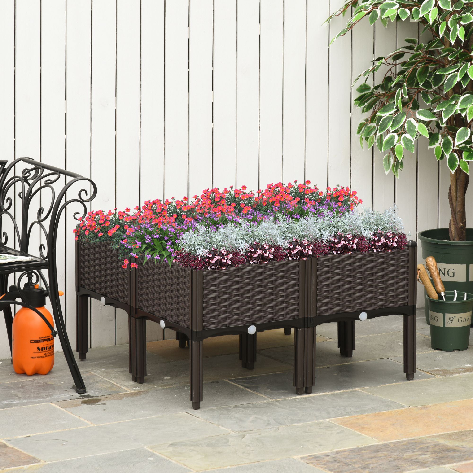 Raised Bed 4-Piece Planter Box with Drainage Holes Rattan-Look Planter DIY Brown 40 x 40 x 44 cm