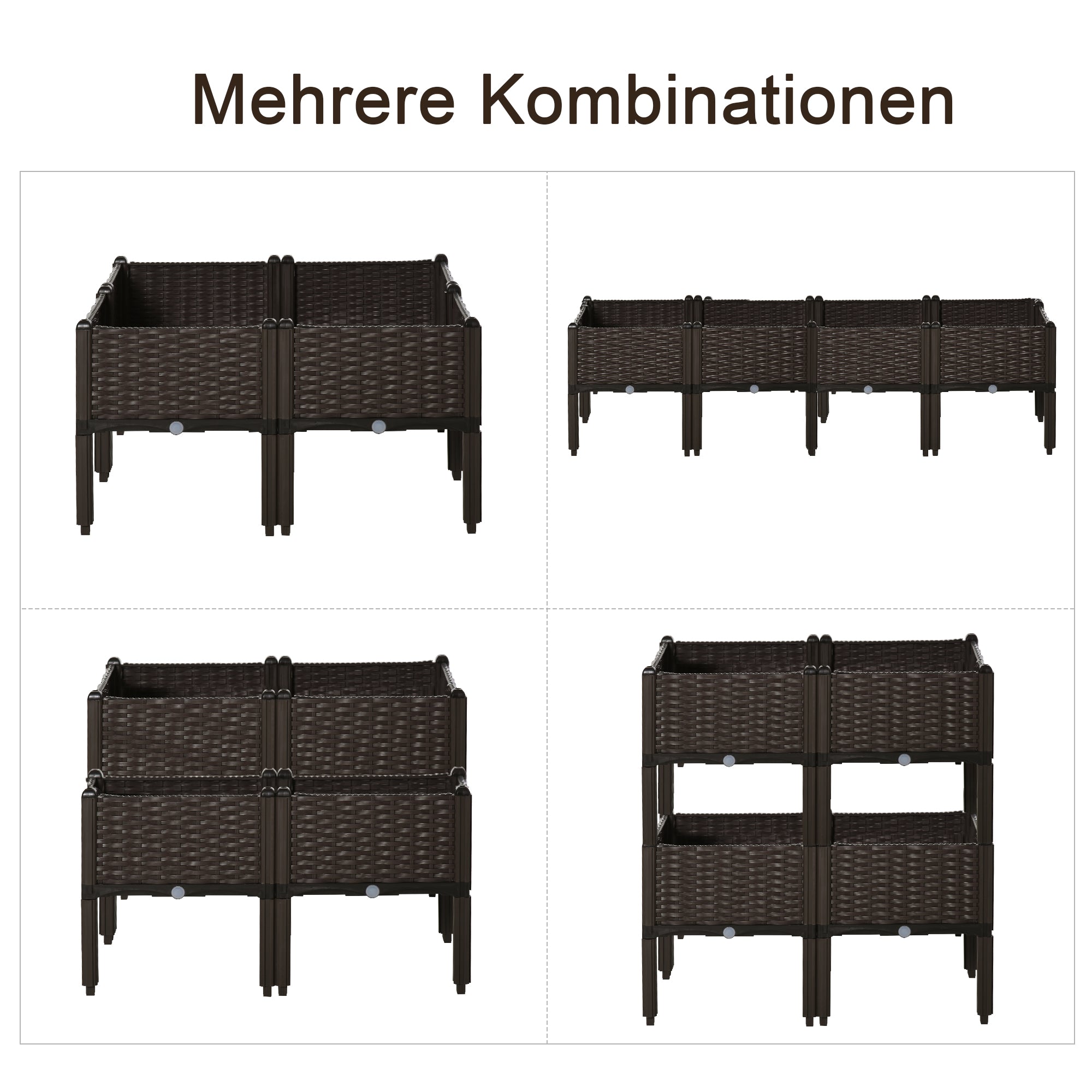 Raised Bed 4-Piece Planter Box with Drainage Holes Rattan-Look Planter DIY Brown 40 x 40 x 44 cm