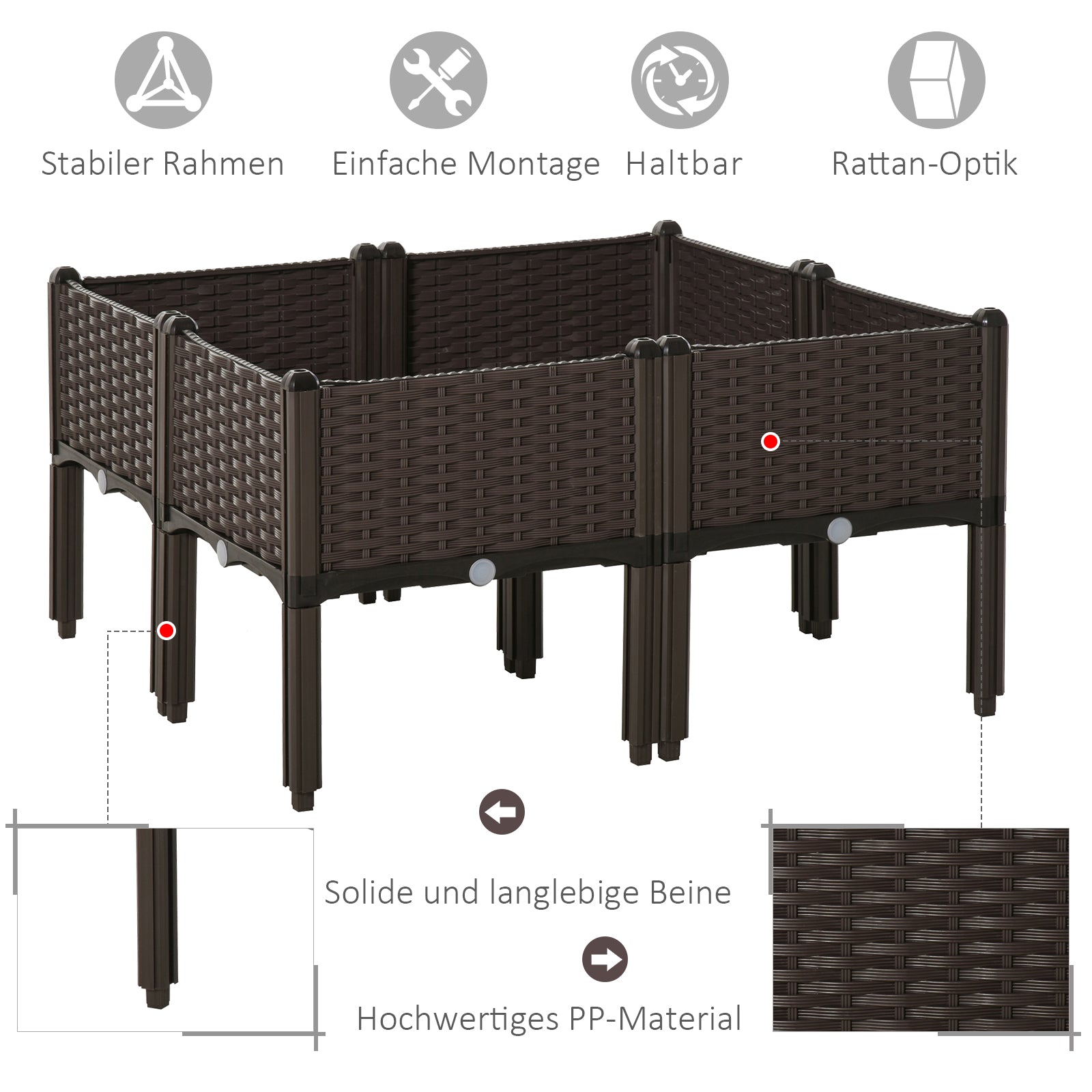 Raised Bed 4-Piece Planter Box with Drainage Holes Rattan-Look Planter DIY Brown 40 x 40 x 44 cm