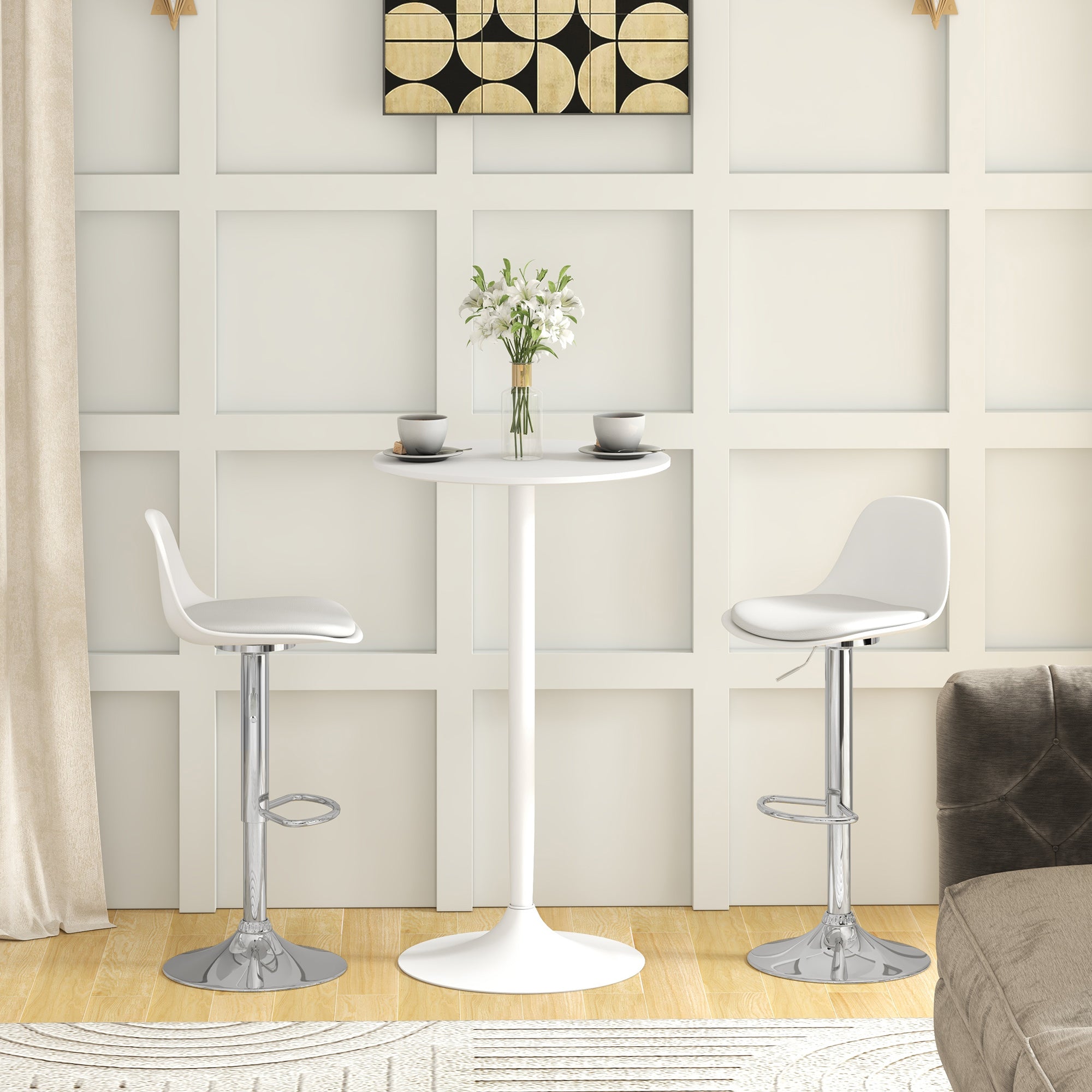 Bar Stool Set of 2, Upholstered Bar Chairs with Steel Frame, Backrest, Height Adjustable Kitchen Chairs with Footrest 360° Swivel Counter Stools for Kitchen, Living Room, Dining Room, Faux Leather White