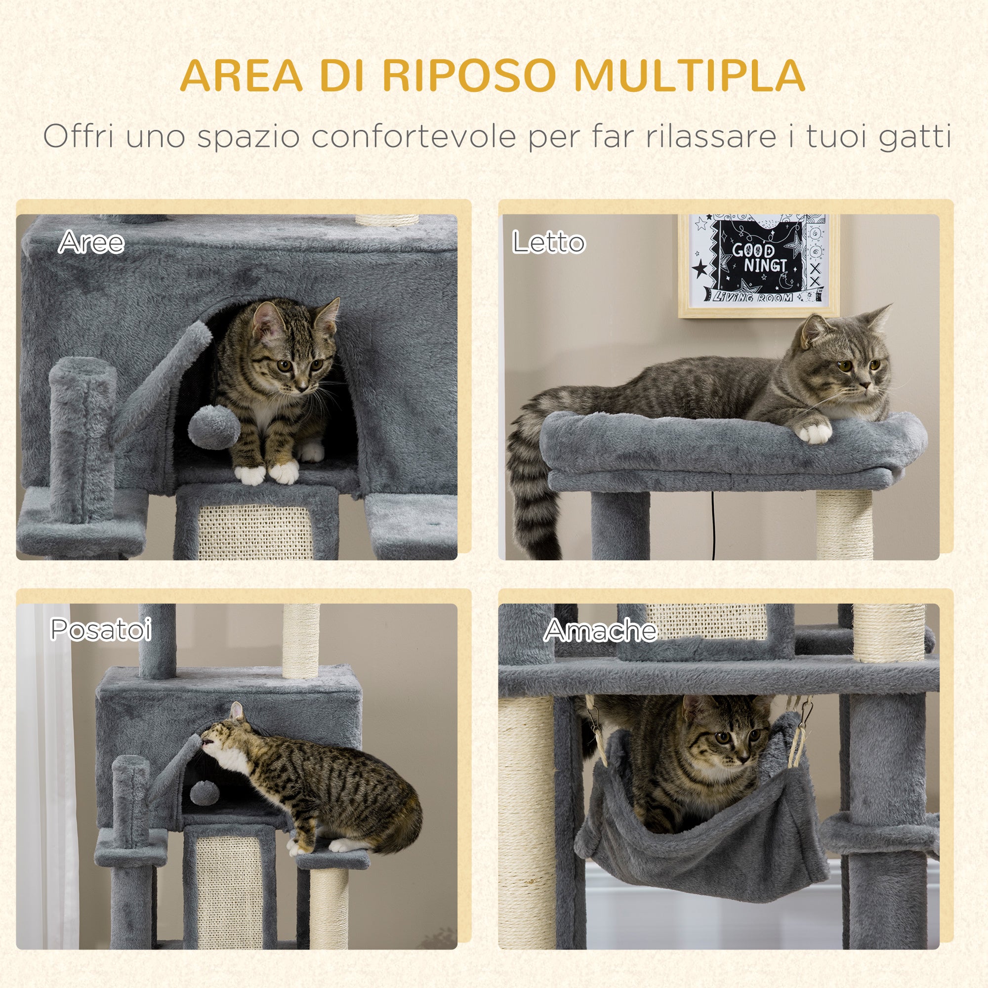 Cat Scratching Tree for Adult Cats and Kittens with Sisal Posts, House, Lounger, and Plush Hammocks, 48x48x140cm, Gray