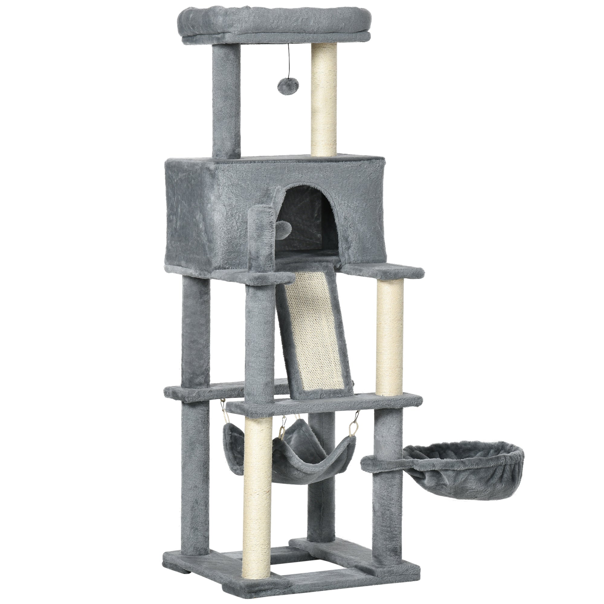 Cat Scratching Tree for Adult Cats and Kittens with Sisal Posts, House, Lounger, and Plush Hammocks, 48x48x140cm, Gray