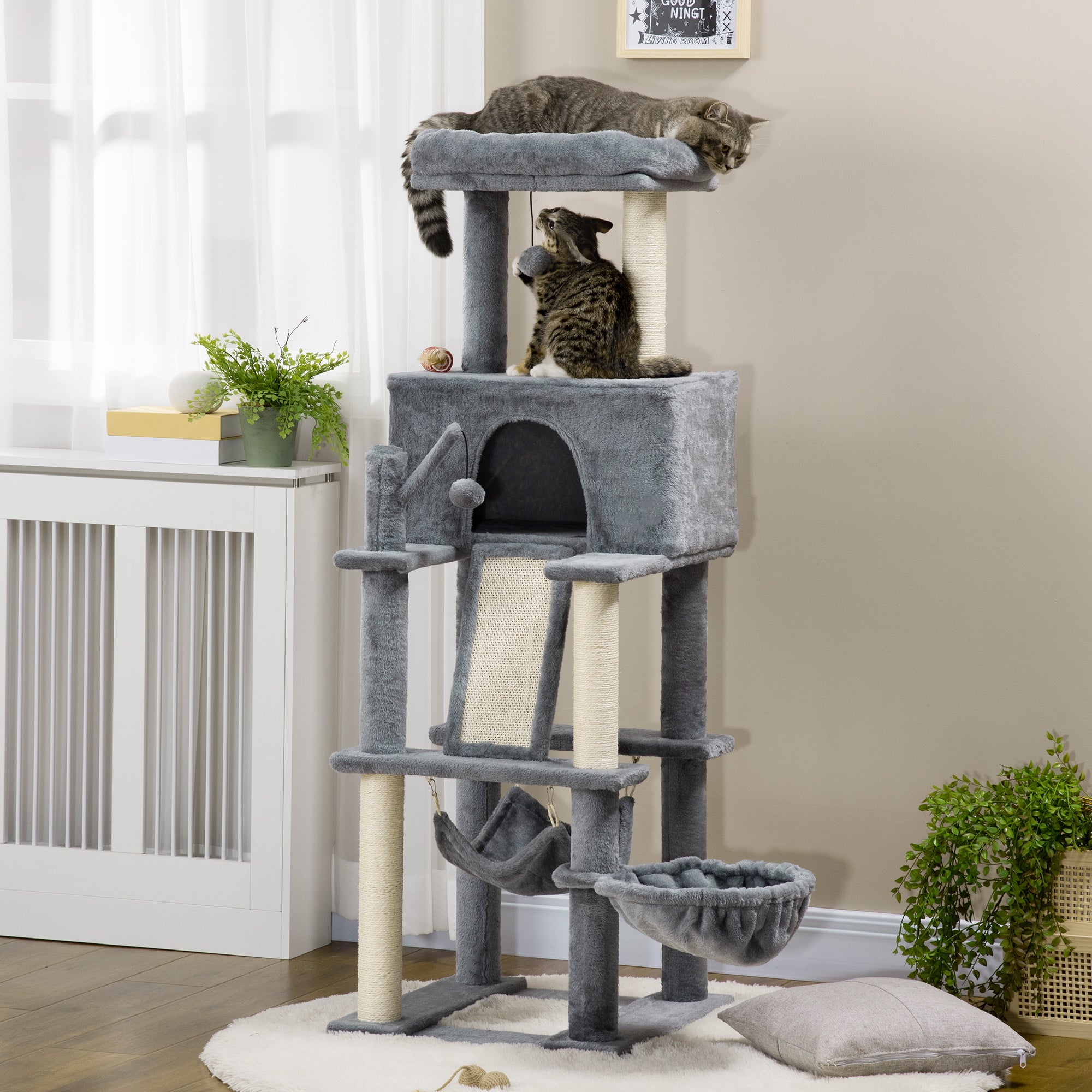 Cat Scratching Tree for Adult Cats and Kittens with Sisal Posts, House, Lounger, and Plush Hammocks, 48x48x140cm, Gray