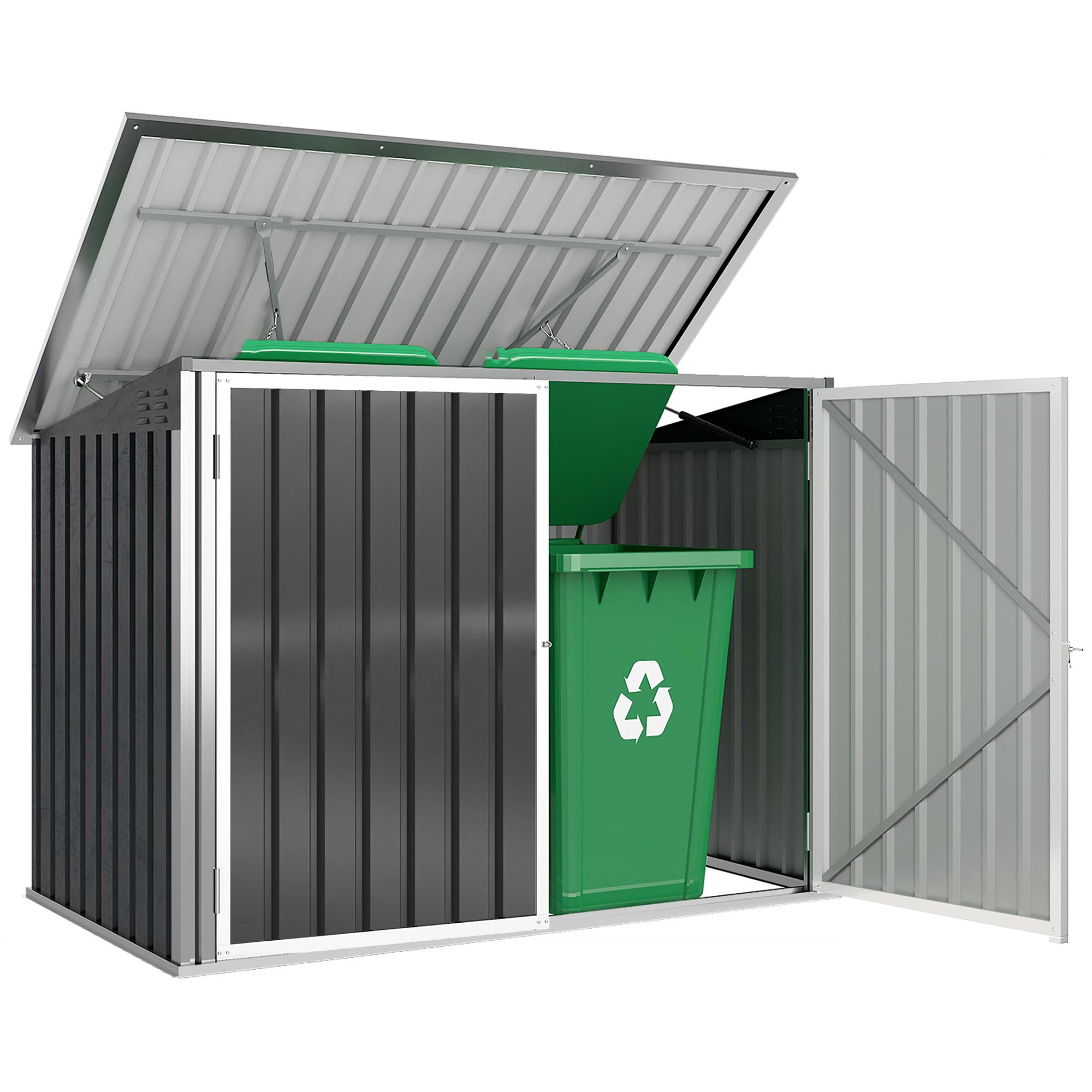 Double Trash Bin Storage Shed — Galvanized Steel, Gas-Strut Hinged Lid & Lockable Double Doors, Dark Gray, 70.7×42.5×44.5–51 in
