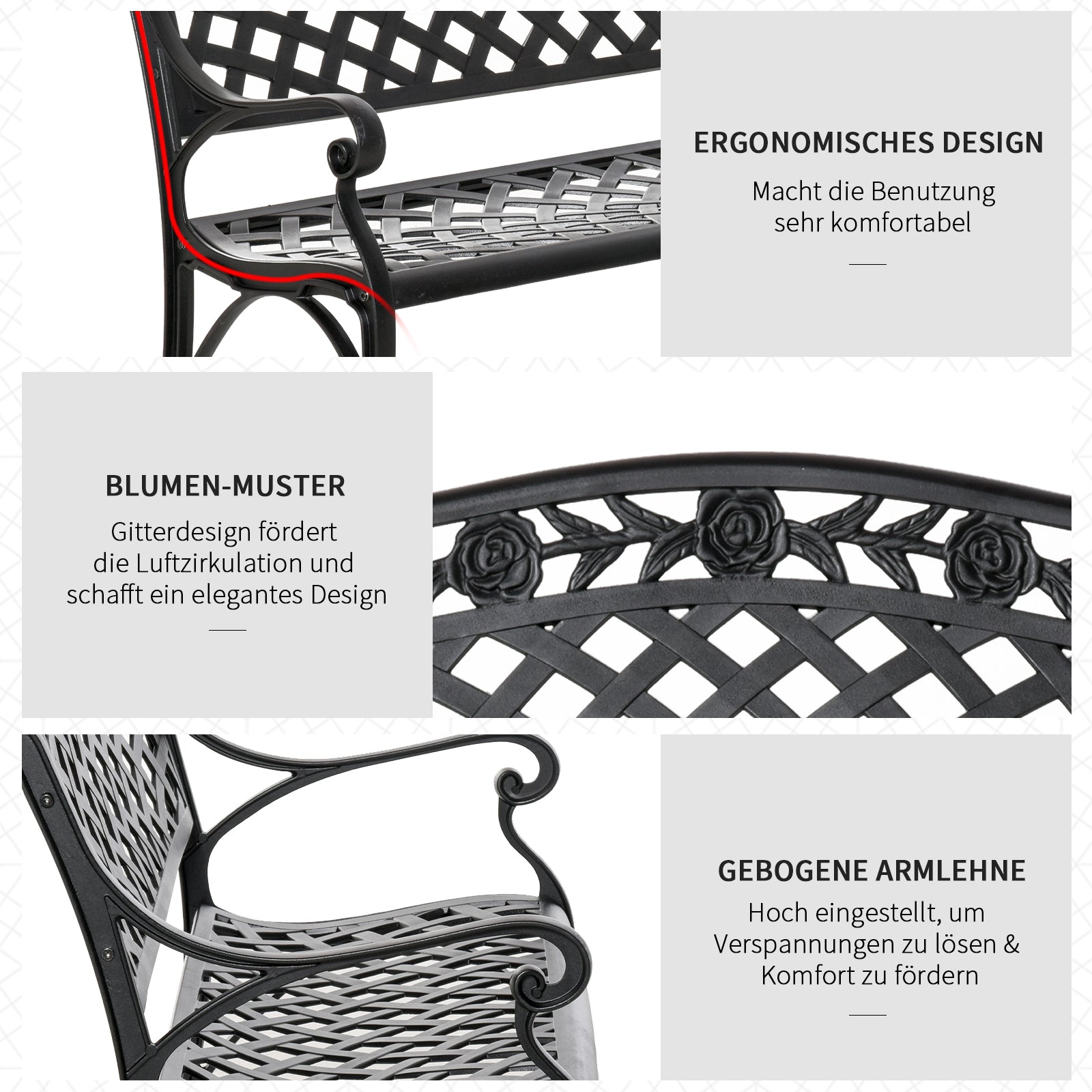 2-Seater Aluminum Garden Bench Metal Bench with Armrests Country Style Black 102.5 x 61 x 84 cm