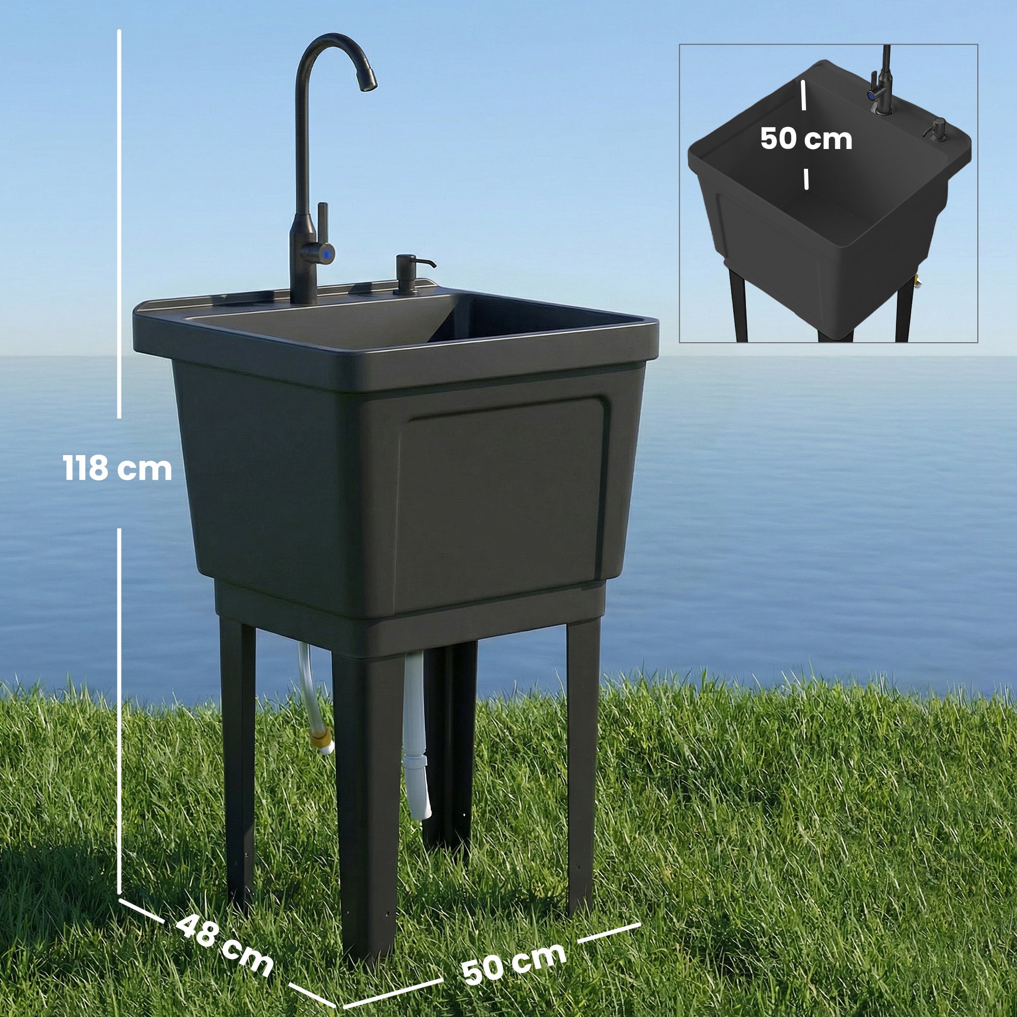 Portable Camping Sink with Faucet and 300 ml Soap Dispenser, Inlet & Drain Hoses — Mobile Outdoor Wash Station, Black