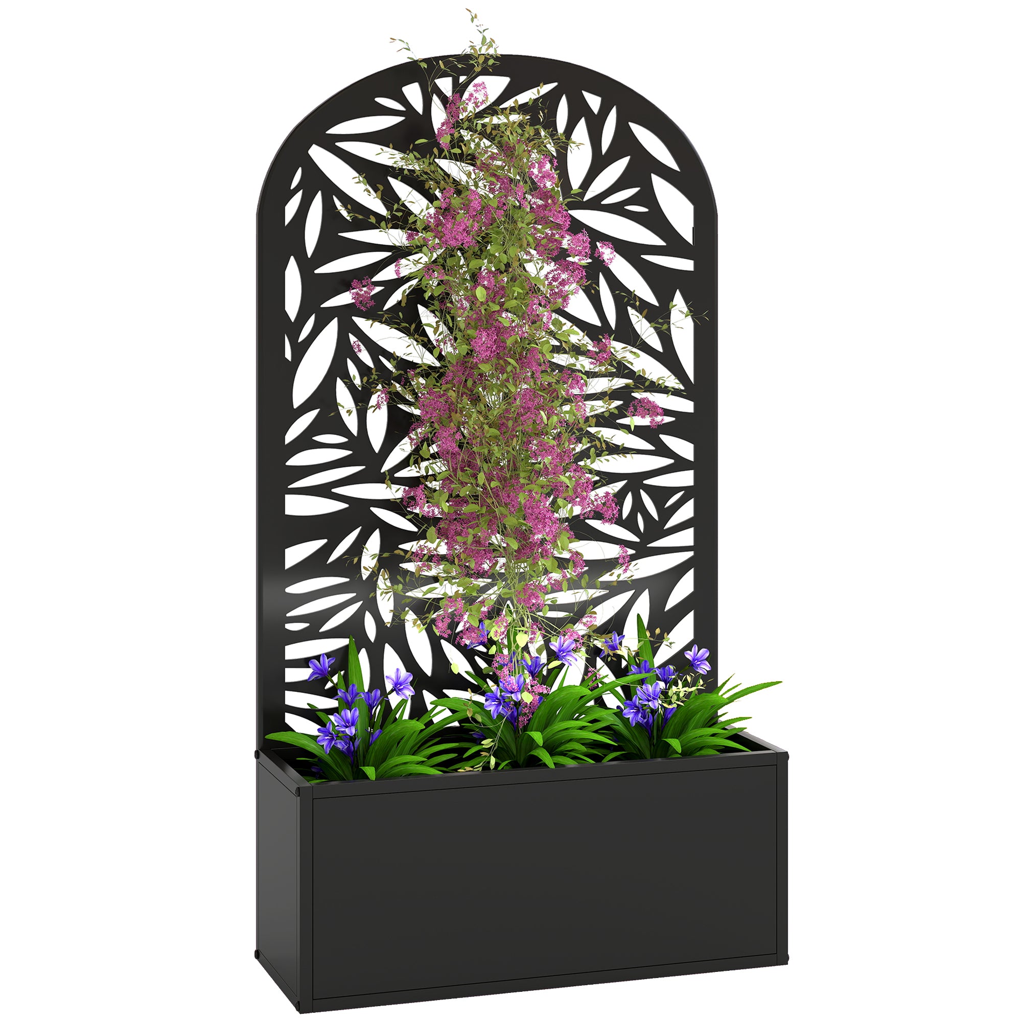 Elevated Planter with Leaf-Pattern Trellis — Metal Flower Box 24" x 9" x 44.5" for Garden, Balcony & Patio