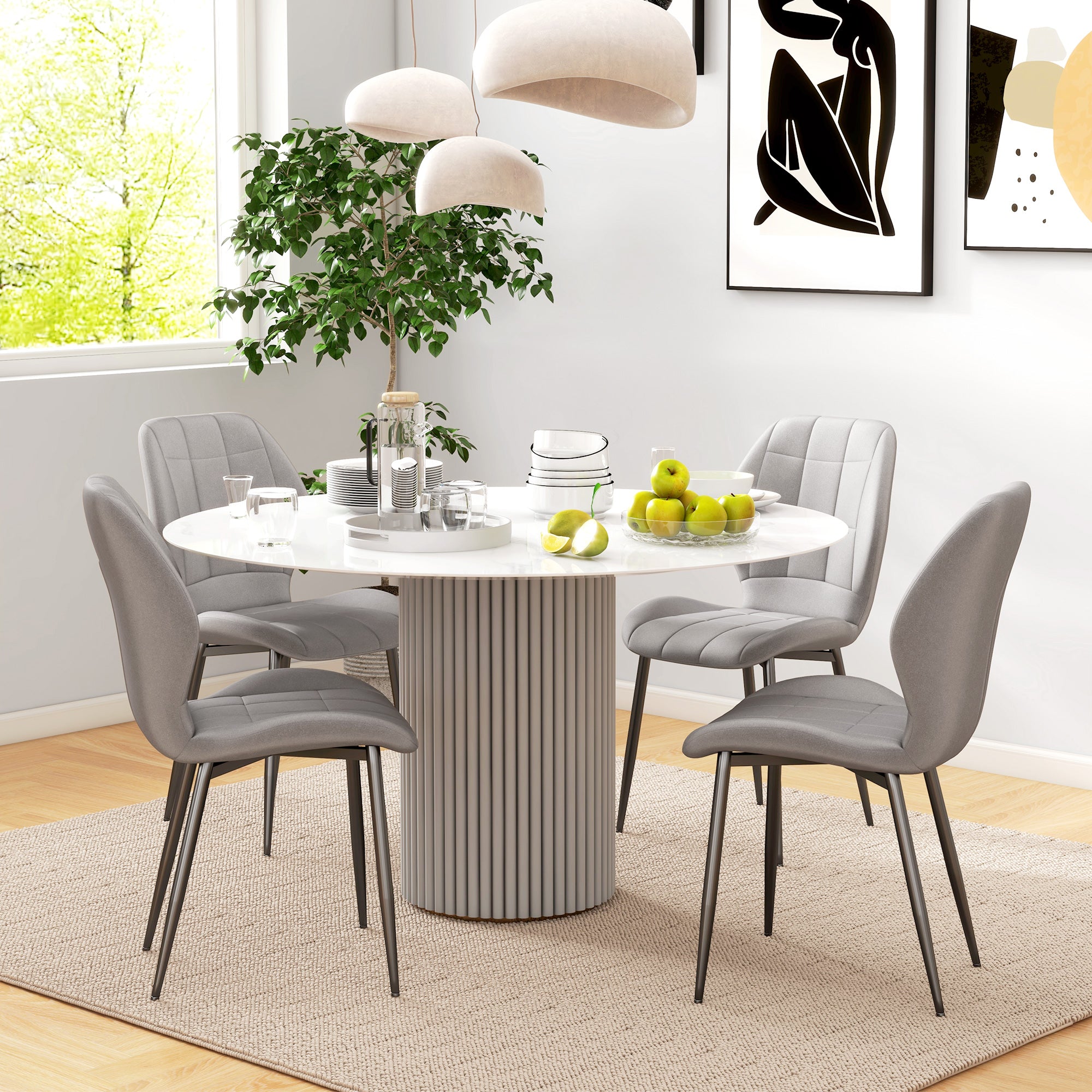 Set of 4 Modern Dining Chairs, Kitchen and Living Room Chairs with Flannel Upholstery and Steel Legs, Gray
