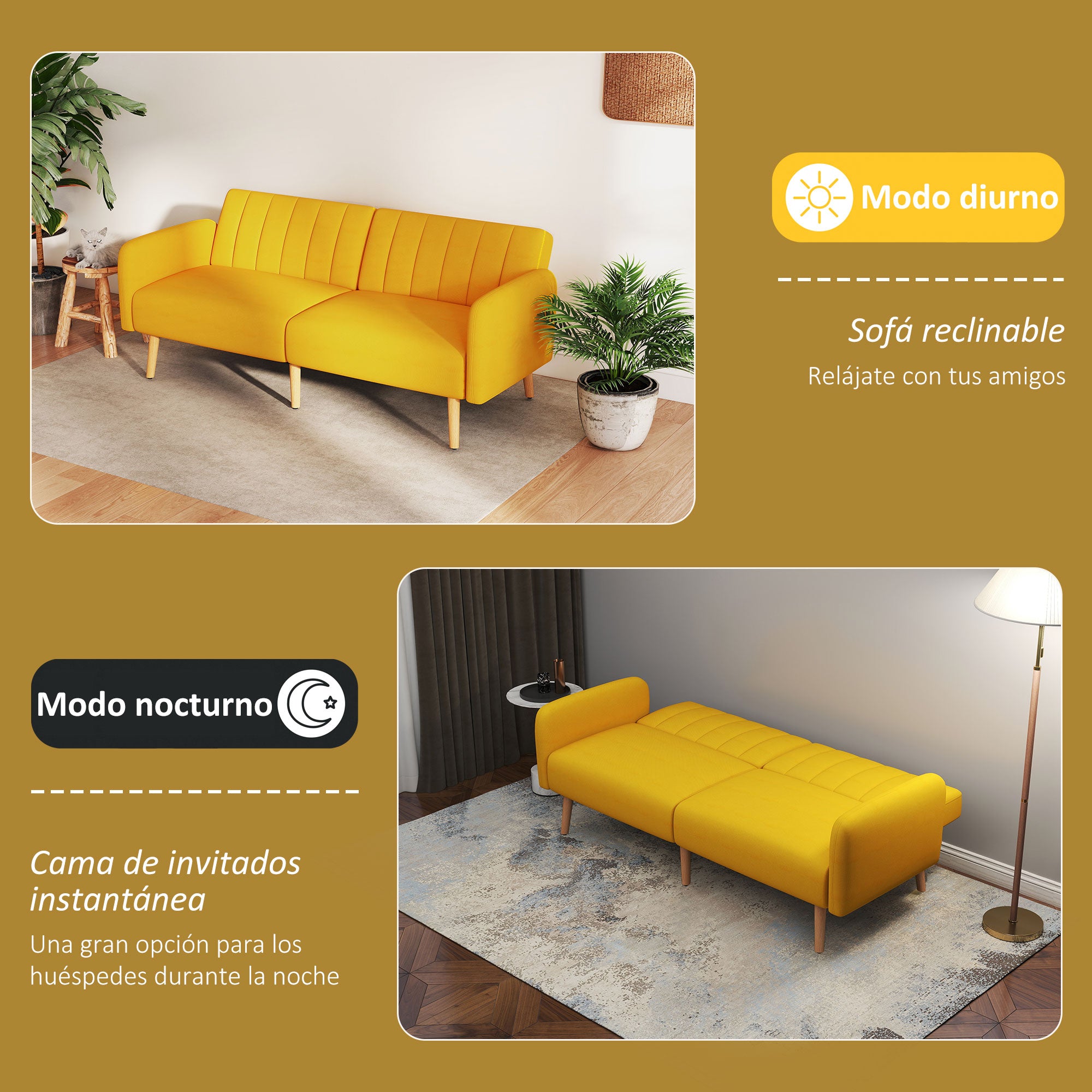 2-Seater Modern Sofa Bed 173x75x73 cm Folding Sofa Upholstered in Synthetic Linen with Adjustable 3-Level Backrest and Detachable Armrests for Living Room Office Yellow