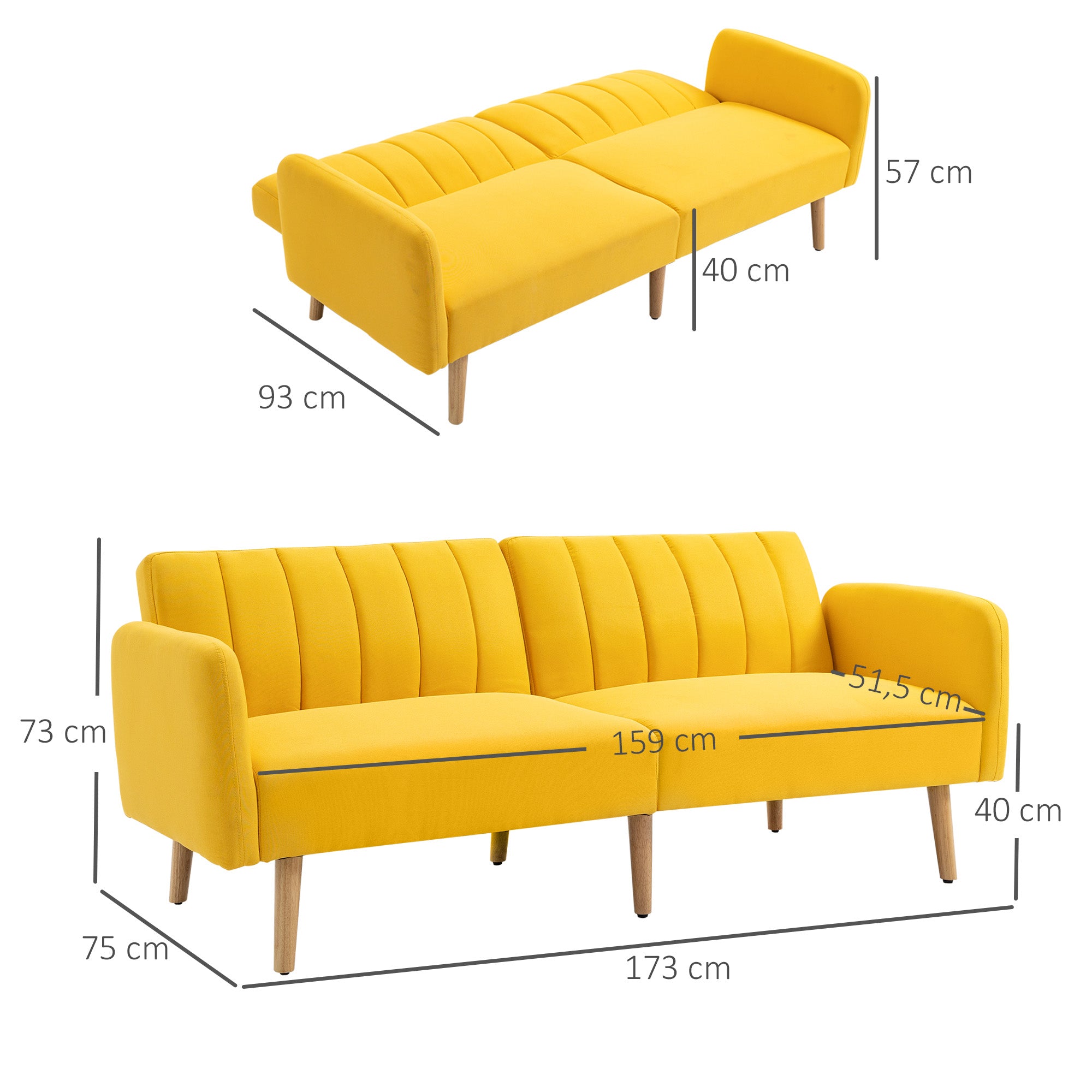 2-Seater Modern Sofa Bed 173x75x73 cm Folding Sofa Upholstered in Synthetic Linen with Adjustable 3-Level Backrest and Detachable Armrests for Living Room Office Yellow