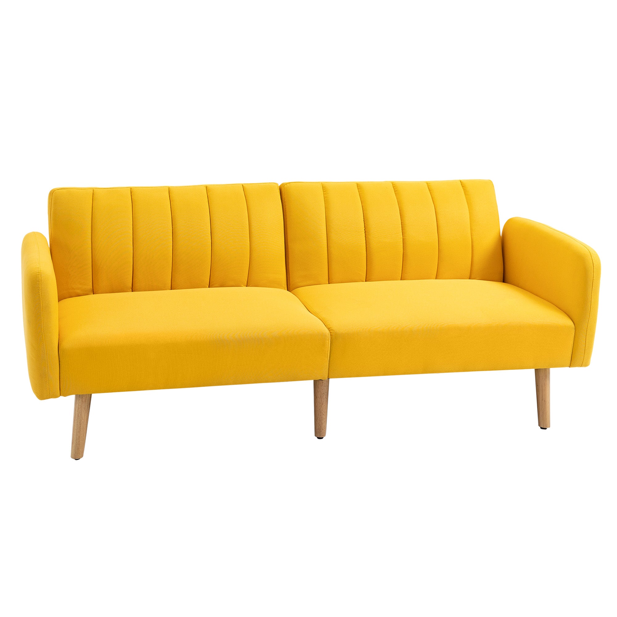 2-Seater Modern Sofa Bed 173x75x73 cm Folding Sofa Upholstered in Synthetic Linen with Adjustable 3-Level Backrest and Detachable Armrests for Living Room Office Yellow