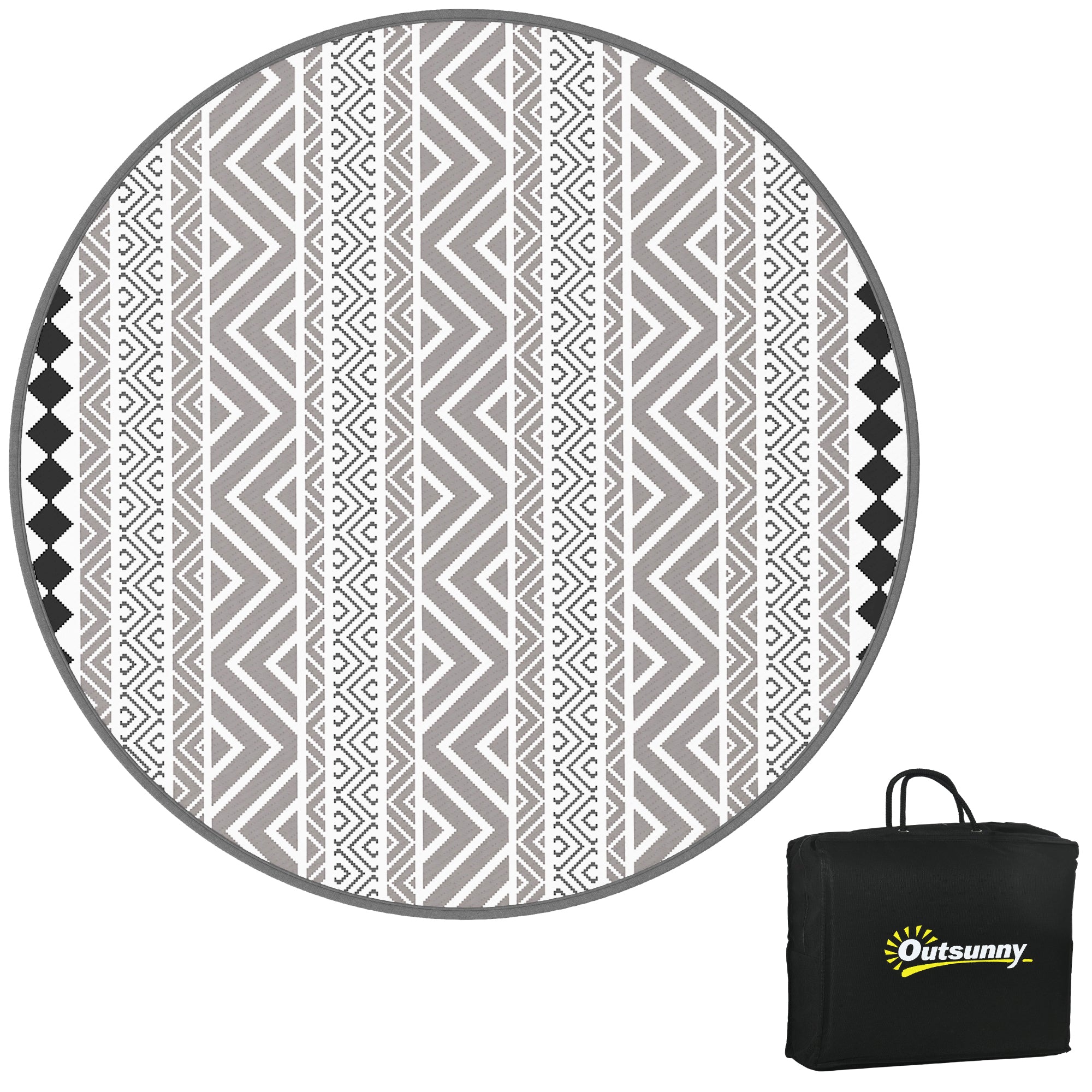 Round Outdoor Rug Reversible Mat with Carry Bag, Waterproof Plastic Mat for Garden, Patio, Camping, 180 cm, Gray+Black