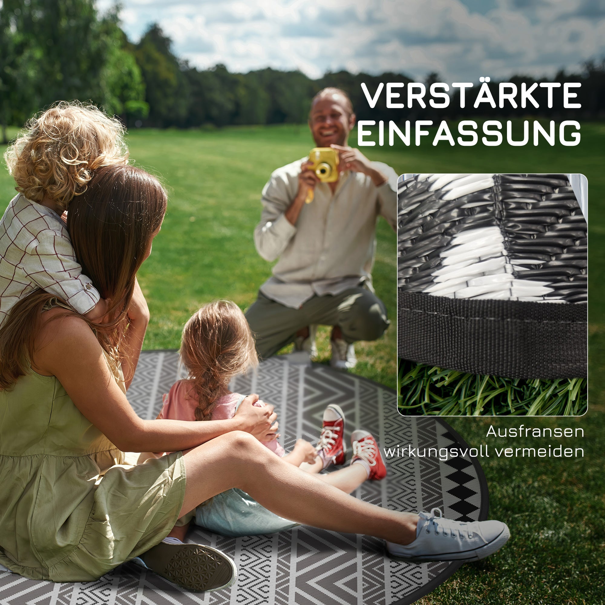 Round Outdoor Rug Reversible Mat with Carry Bag, Waterproof Plastic Mat for Garden, Patio, Camping, 180 cm, Gray+Black