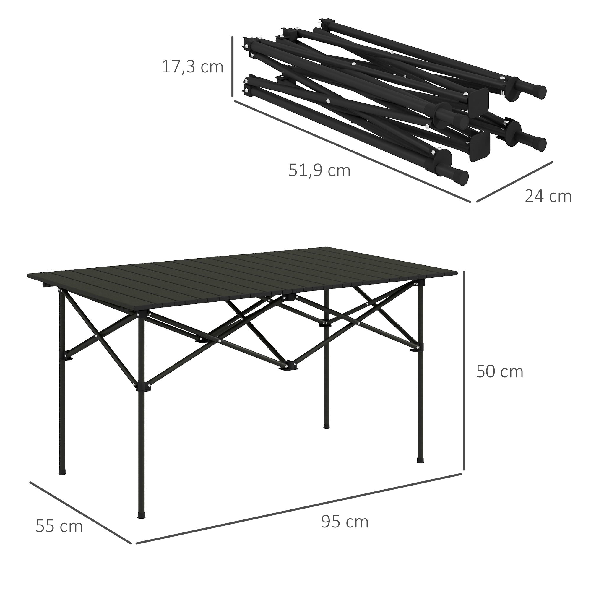 Camping Table Folding Table with Roll-Up Tabletop X-Frame Garden Table Made of Aluminum Lightweight 2 Person Side Table Foldable for Garden Balcony Camping 95 x 55cm Black