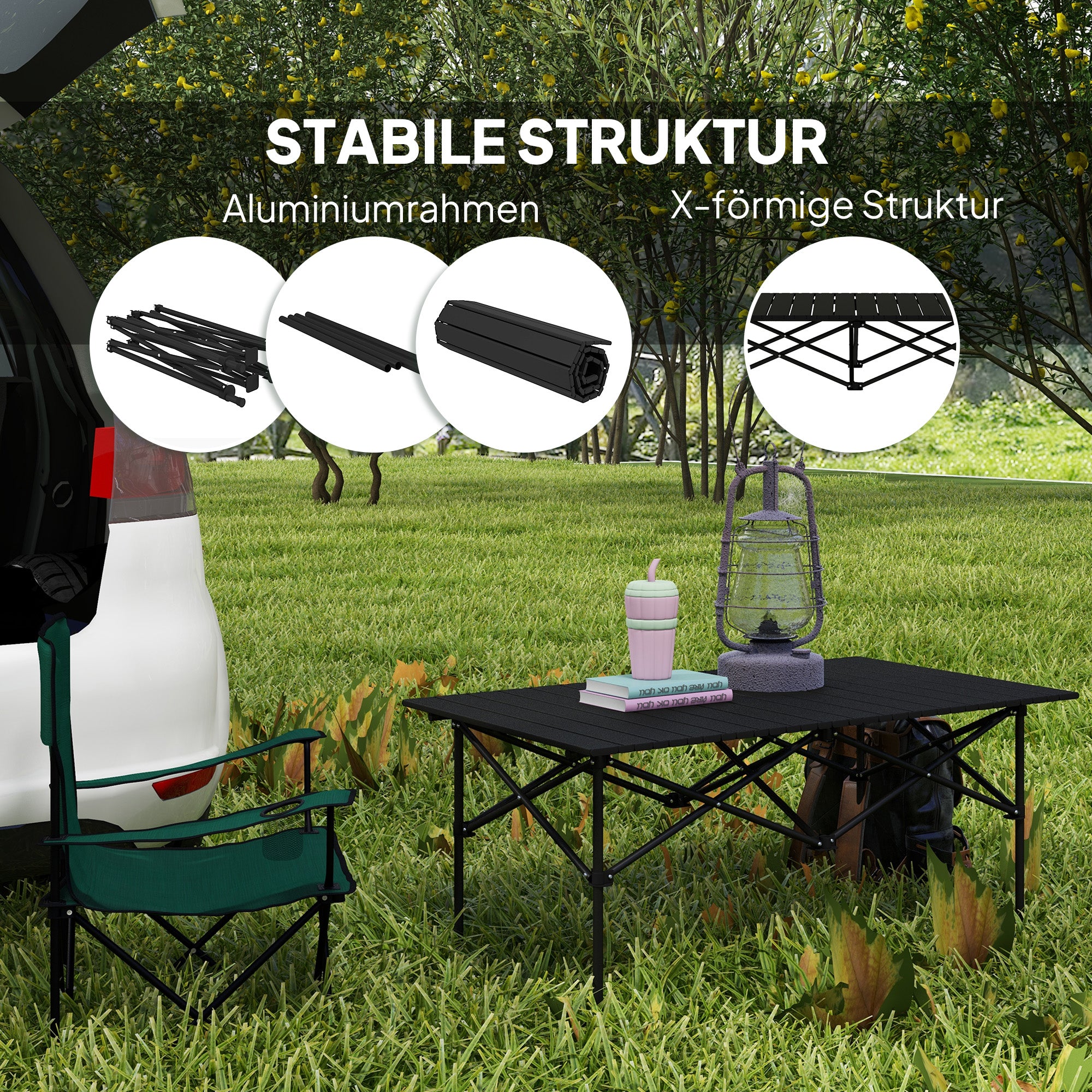 Camping Table Folding Table with Roll-Up Tabletop X-Frame Garden Table Made of Aluminum Lightweight 2 Person Side Table Foldable for Garden Balcony Camping 95 x 55cm Black