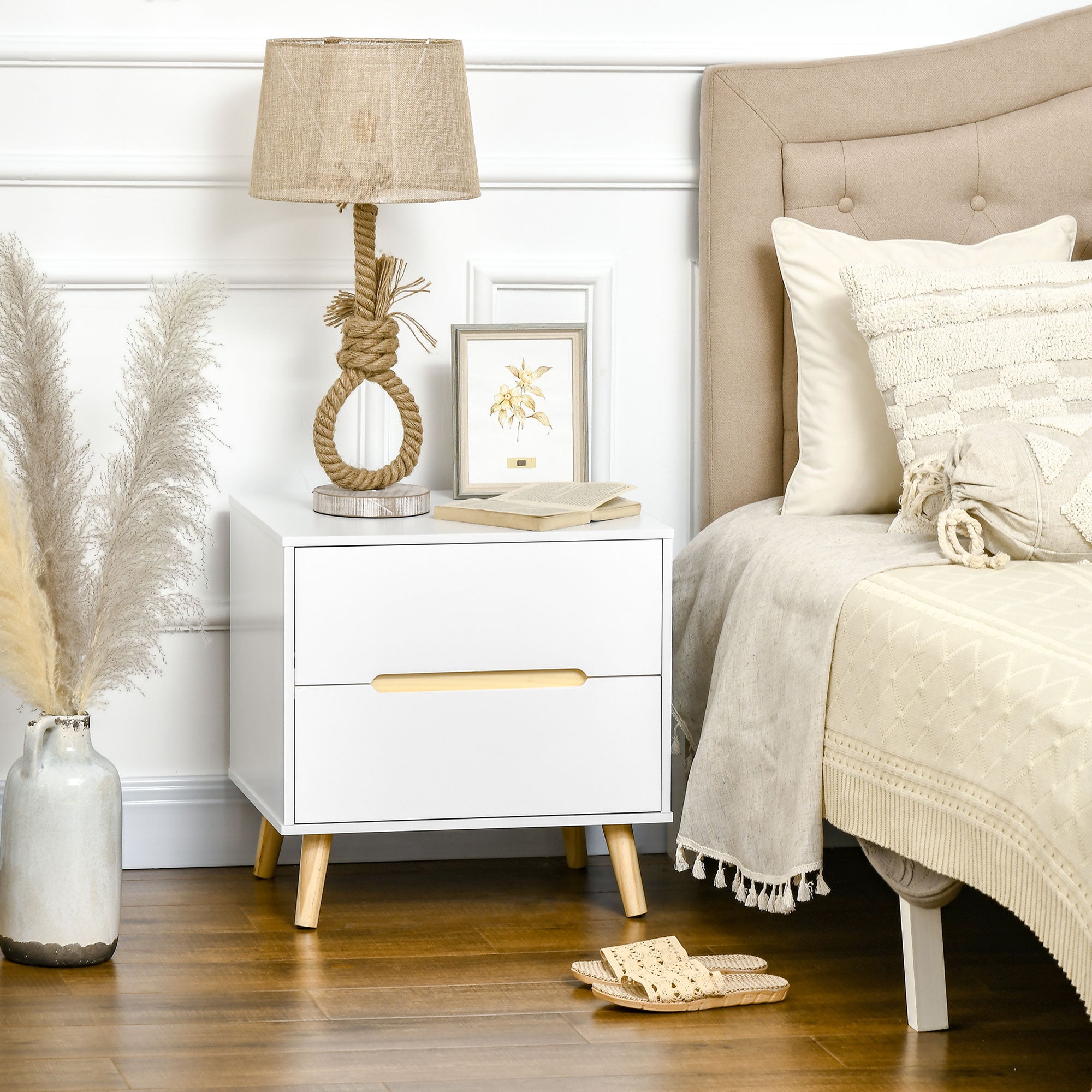 Nightstand with 2 Drawers and Wooden Legs Bedside Table for Bedroom Living Room Office Modern Style 50x40x50.5 cm White