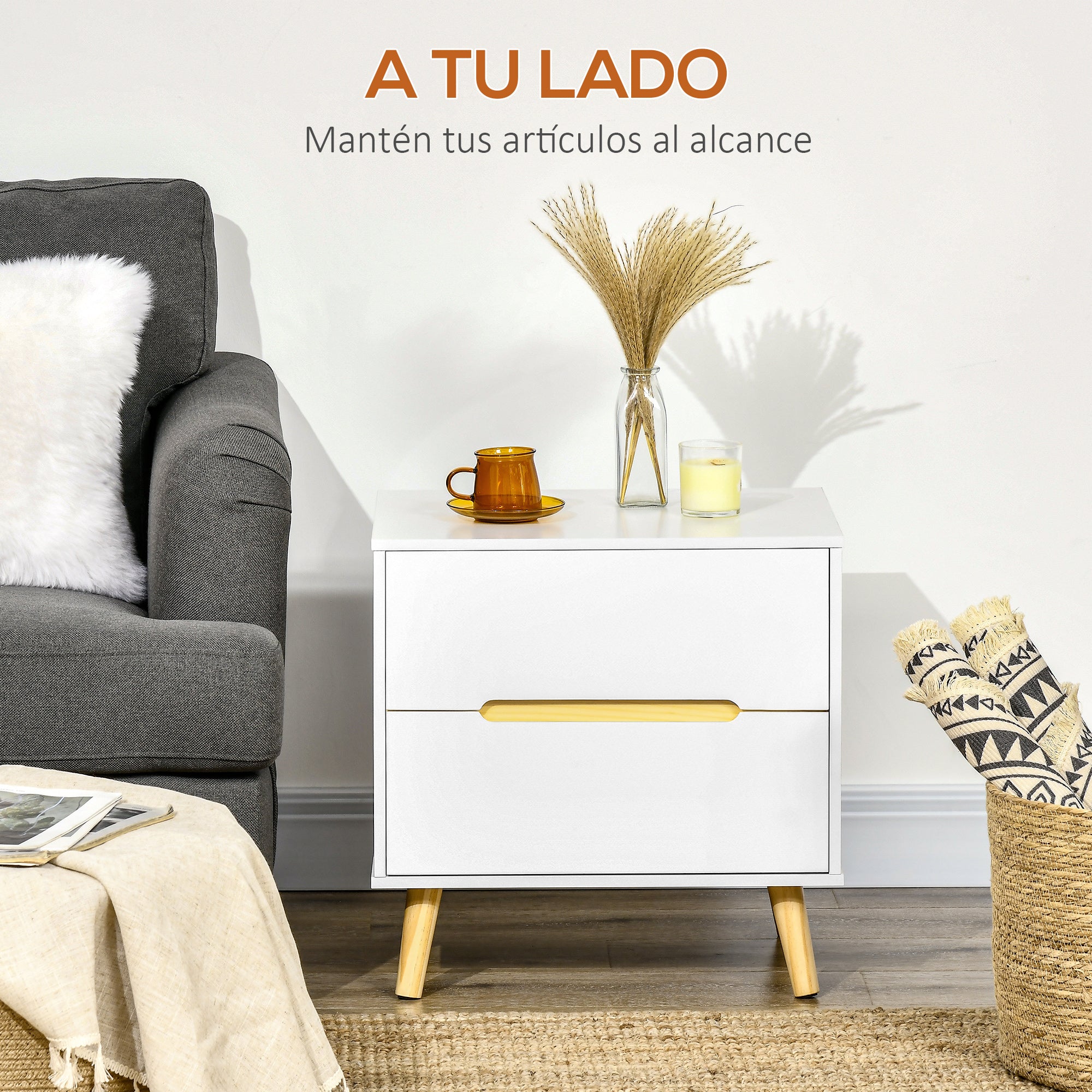 Nightstand with 2 Drawers and Wooden Legs Bedside Table for Bedroom Living Room Office Modern Style 50x40x50.5 cm White