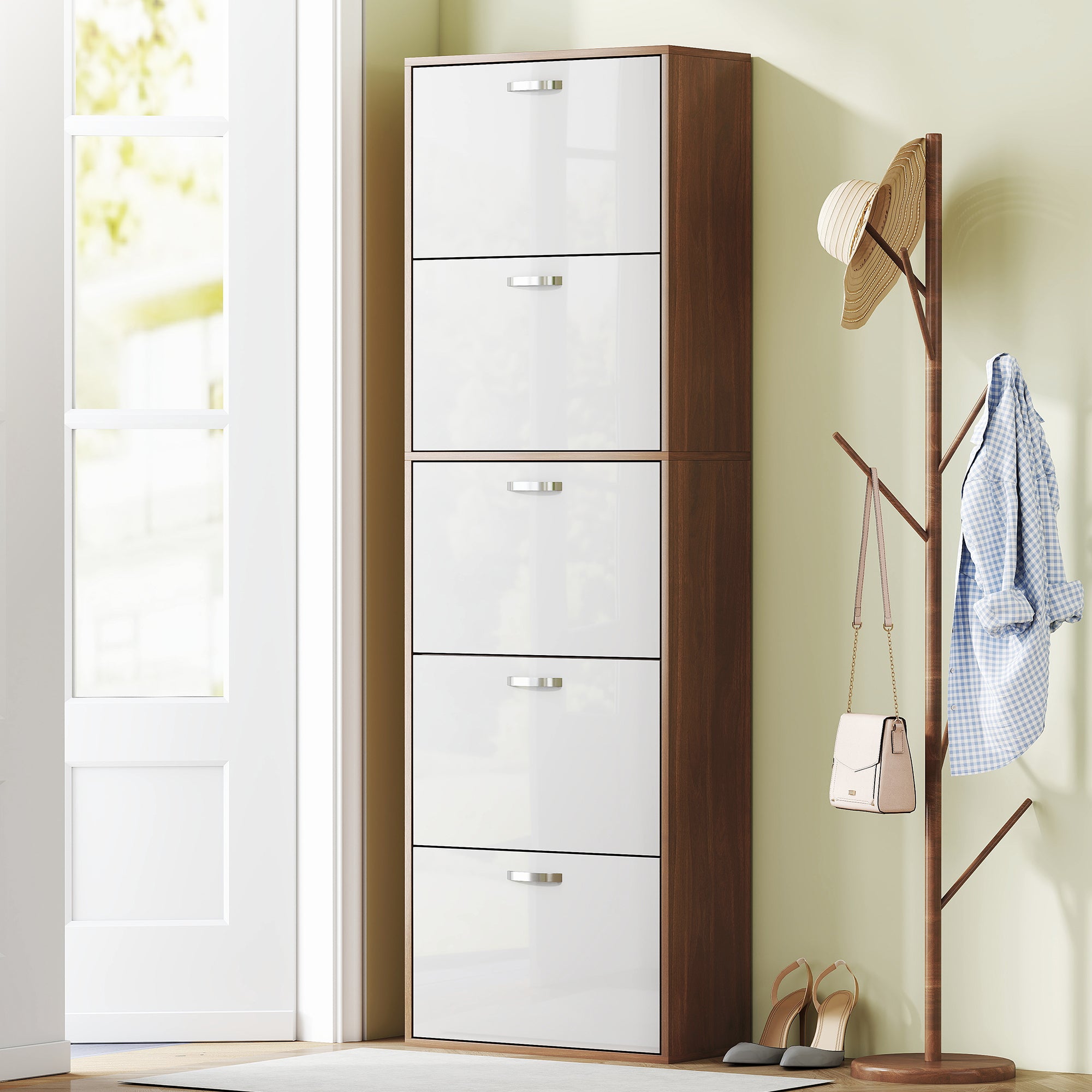 Slim Space-Saving 5-Level Shoe Cabinet for Maximum 30 Pairs with 2 Shelves per Level, MDF Shoe Rack, 60x28x189 cm, White and Brown