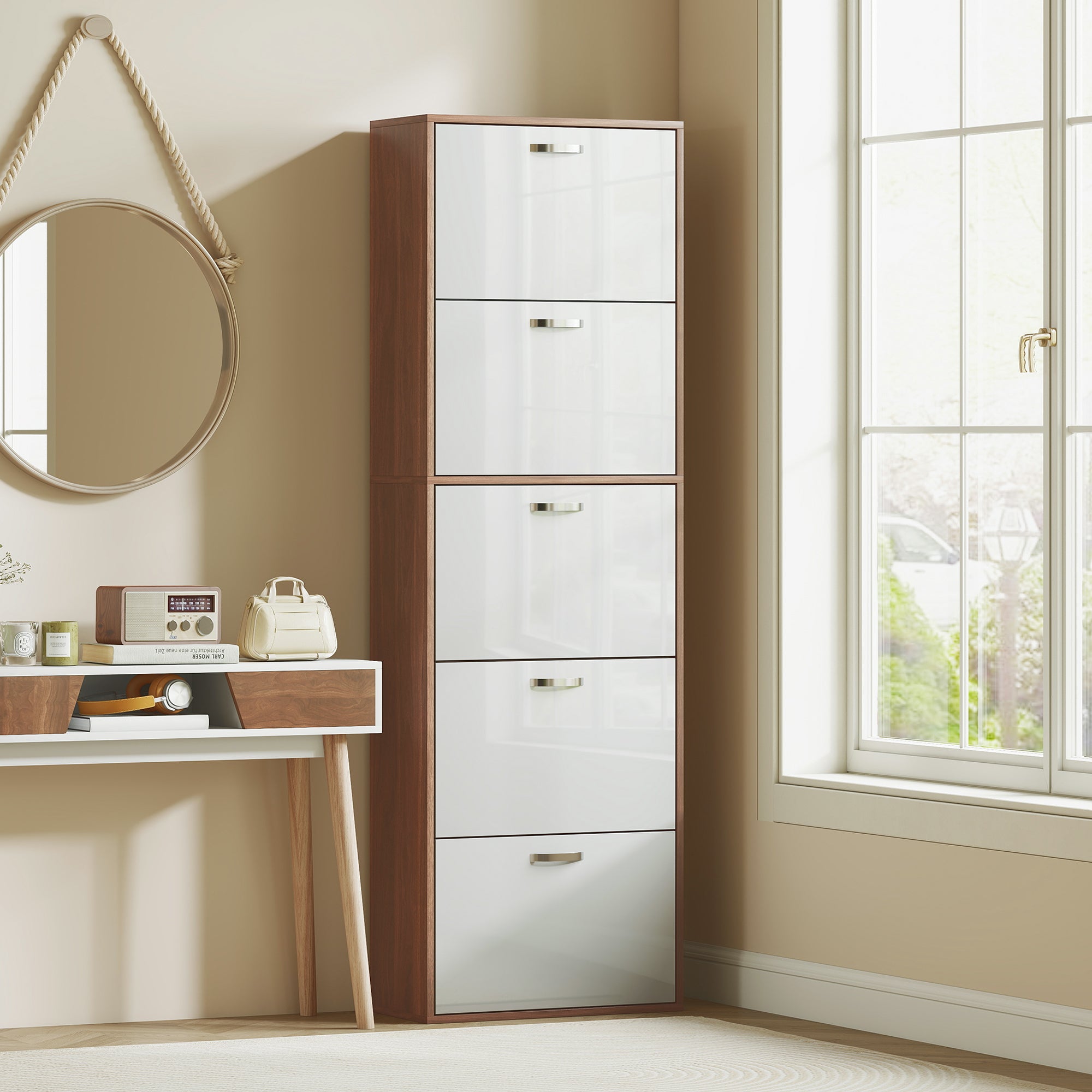 Slim Space-Saving 5-Level Shoe Cabinet for Maximum 30 Pairs with 2 Shelves per Level, MDF Shoe Rack, 60x28x189 cm, White and Brown