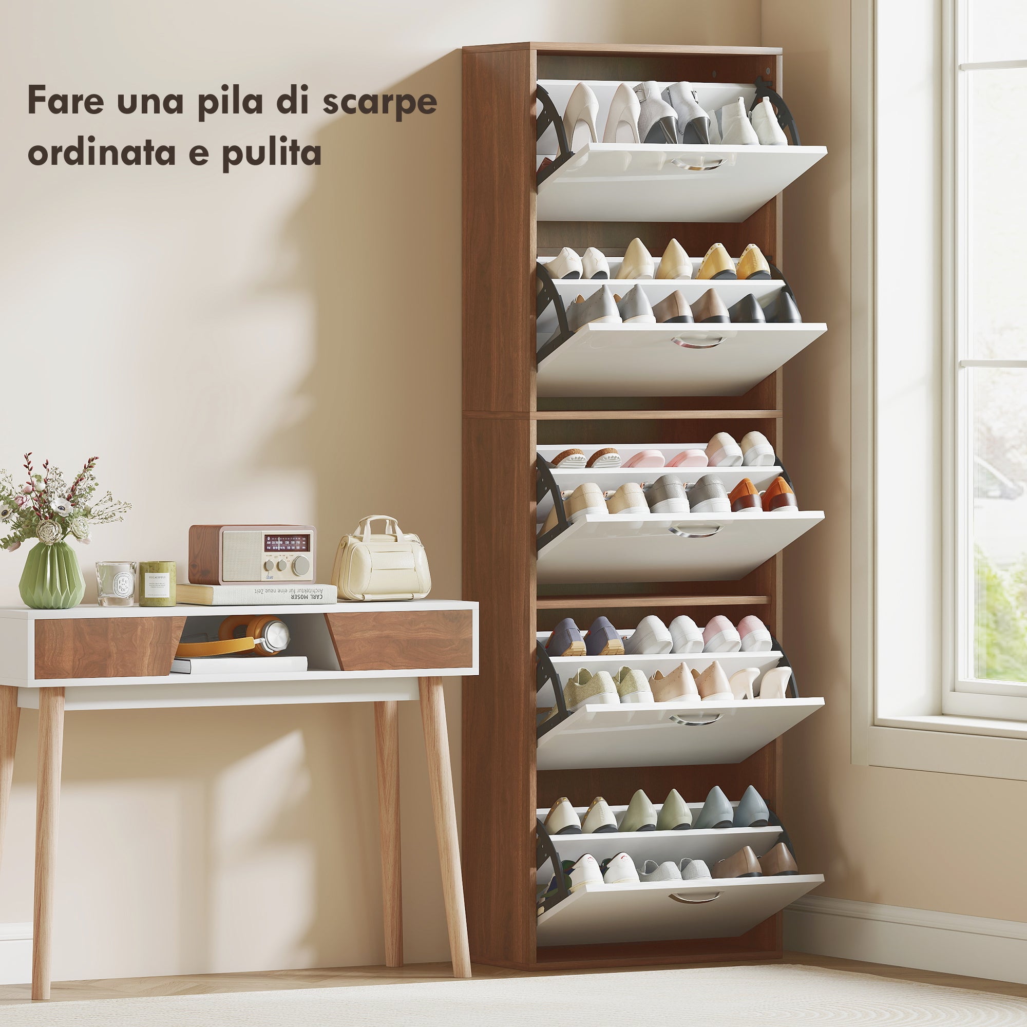 Slim Space-Saving 5-Level Shoe Cabinet for Maximum 30 Pairs with 2 Shelves per Level, MDF Shoe Rack, 60x28x189 cm, White and Brown