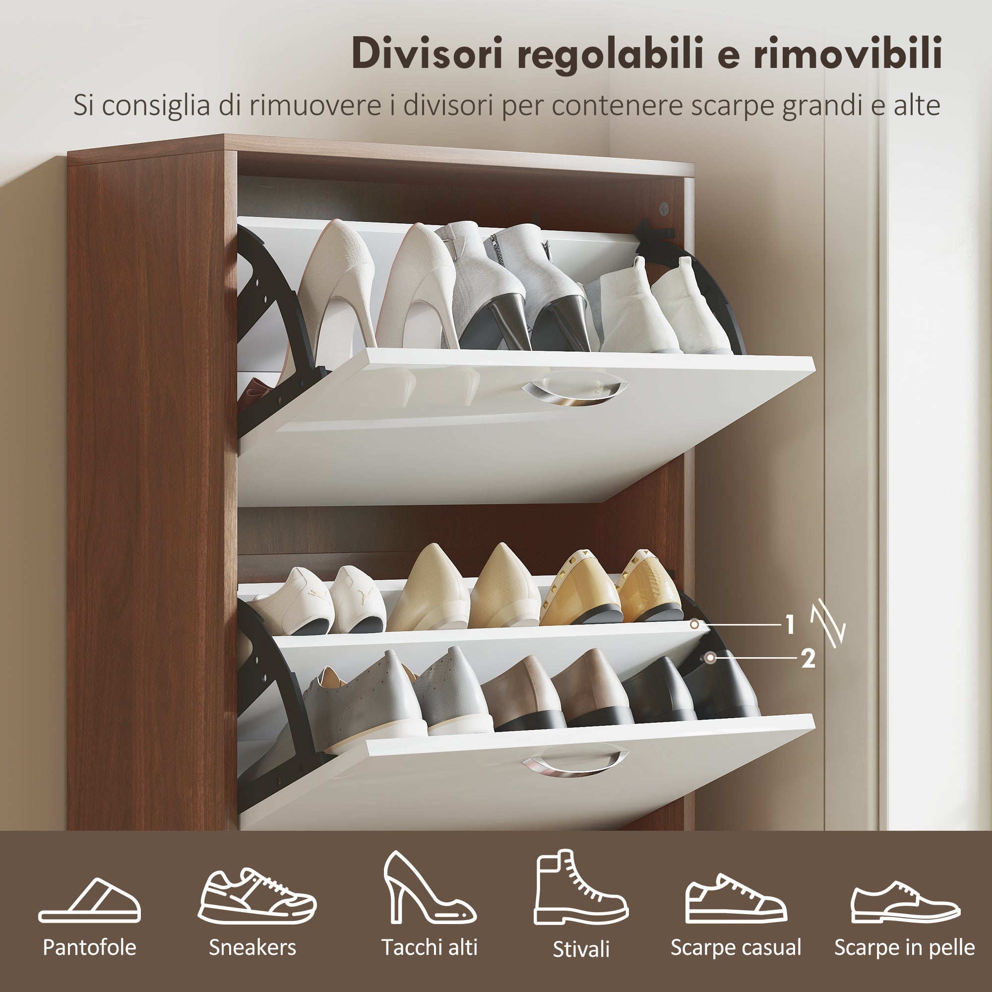 Slim Space-Saving 5-Level Shoe Cabinet for Maximum 30 Pairs with 2 Shelves per Level, MDF Shoe Rack, 60x28x189 cm, White and Brown