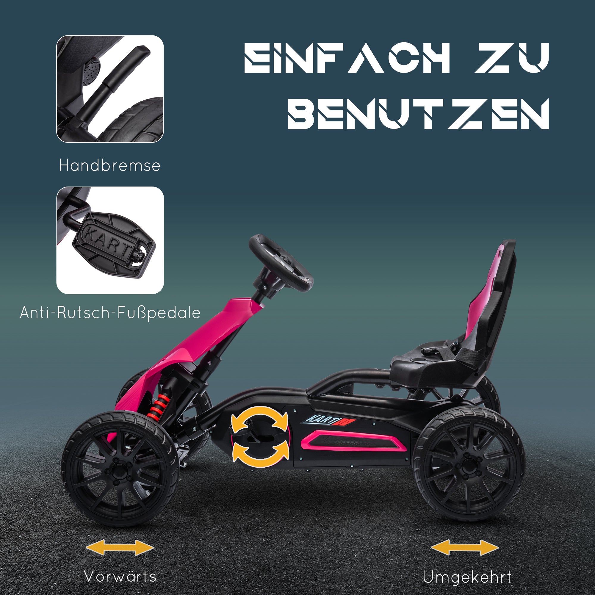 Go-Kart Pedal Car with Handbrake, Adjustable Seat, Forward and Reverse Gears, Pedal Vehicle with EVA Wheels, Kids Kettcar for Children 3-8 Years Old Pink
