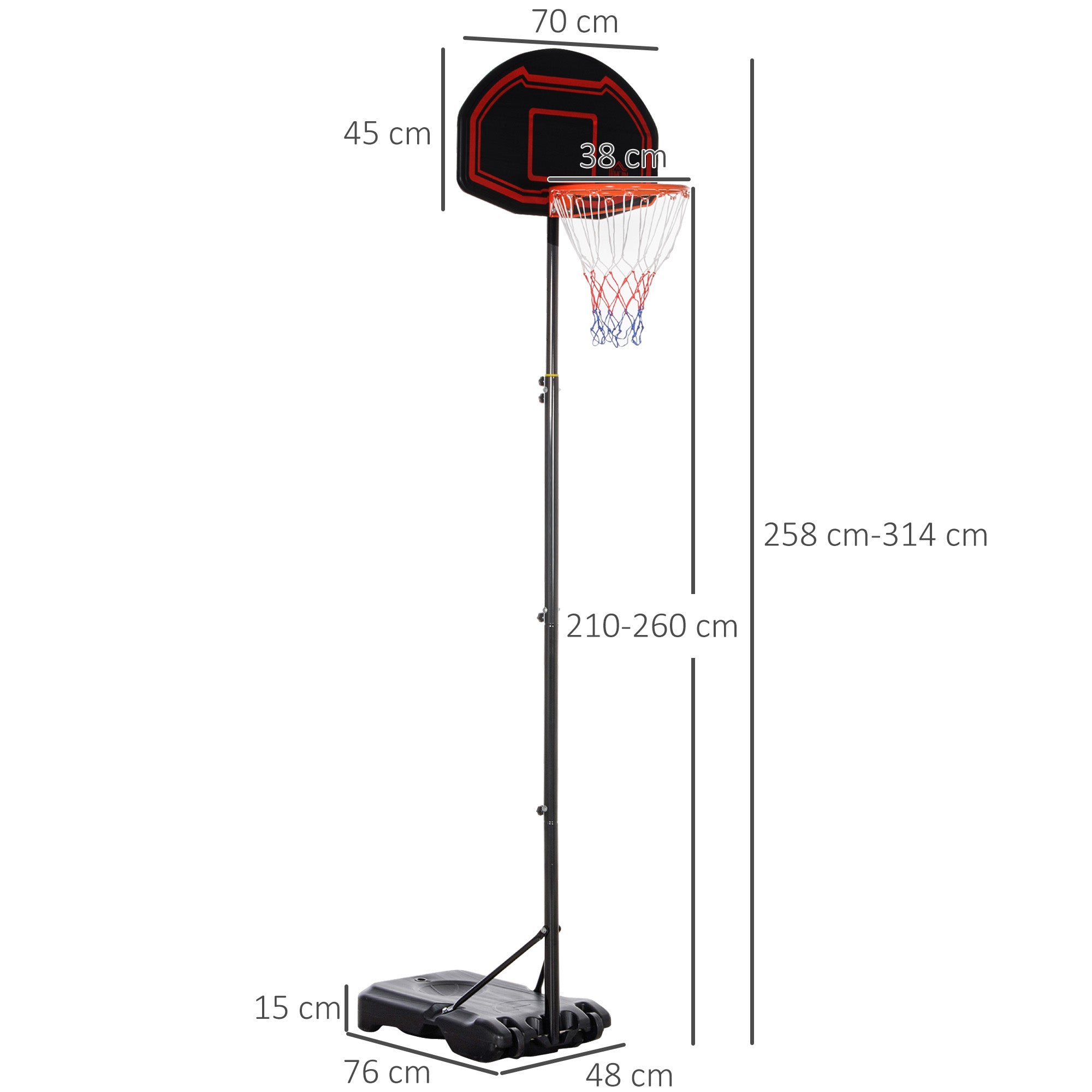 Outdoor Basketball Hoop with Pole, Panel, Weighted Base on Wheels Adjustable Height 2.1-2.6m (Hoop) - Black and Red